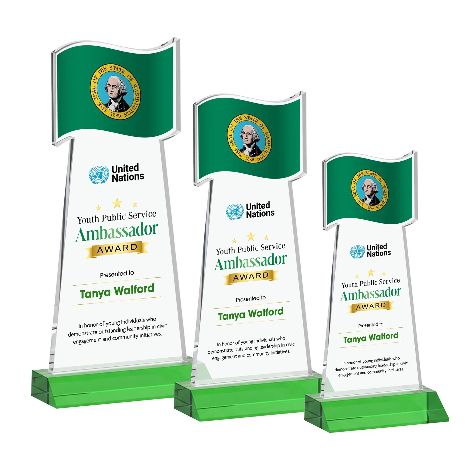 Custom printed Starfire Crystal Award with a Flag Cutout on a Mitered Base for service anniversary gifts