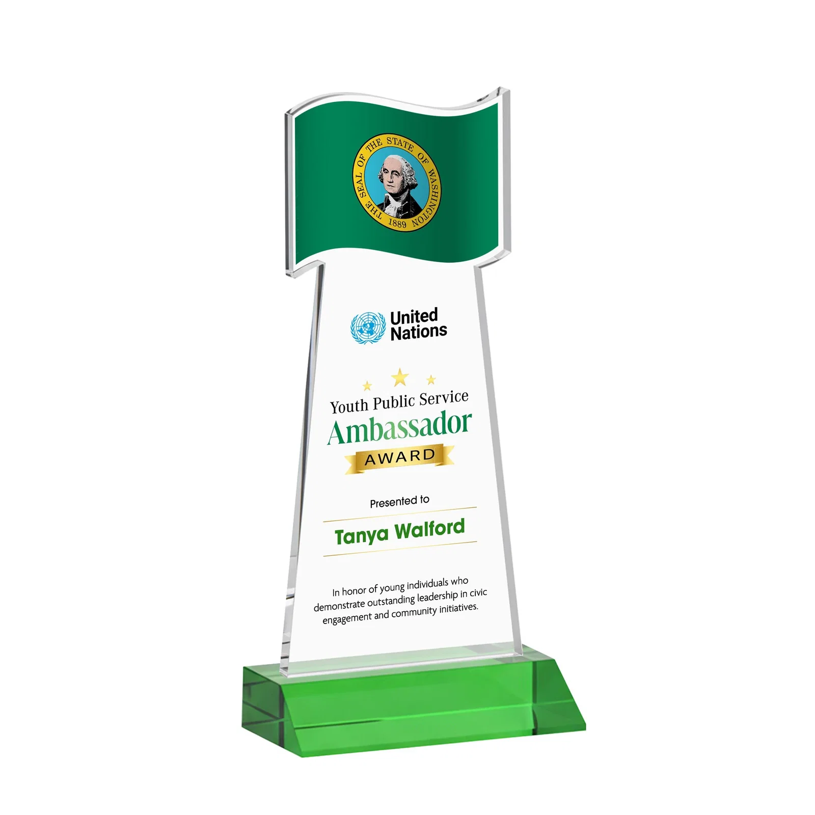 Custom printed Starfire Crystal Award with a Flag Cutout on a Mitered Base for sales achievement awards