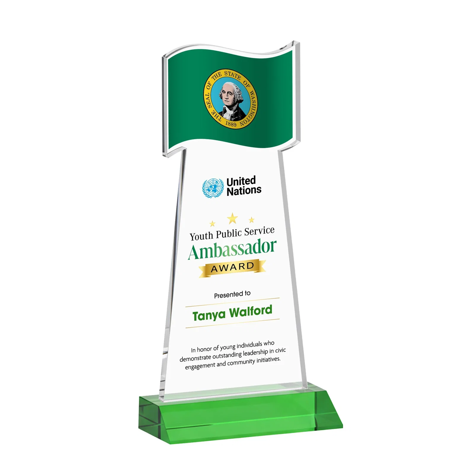 Custom printed Starfire Crystal Award with a Flag Cutout on a Mitered Base for retirement presentations