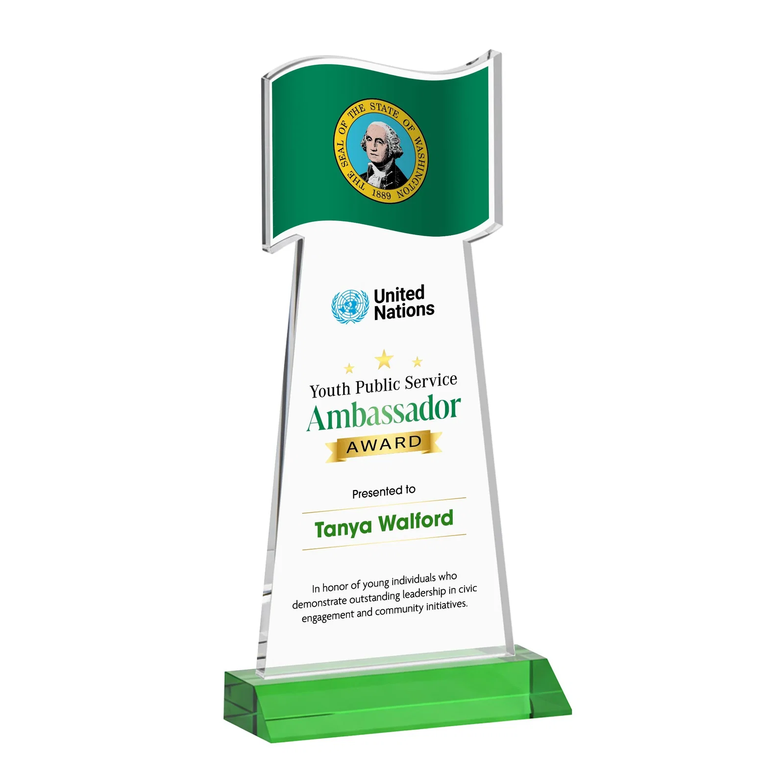 Custom printed Starfire Crystal Award with a Flag Cutout on a Mitered Base for team milestone celebrations