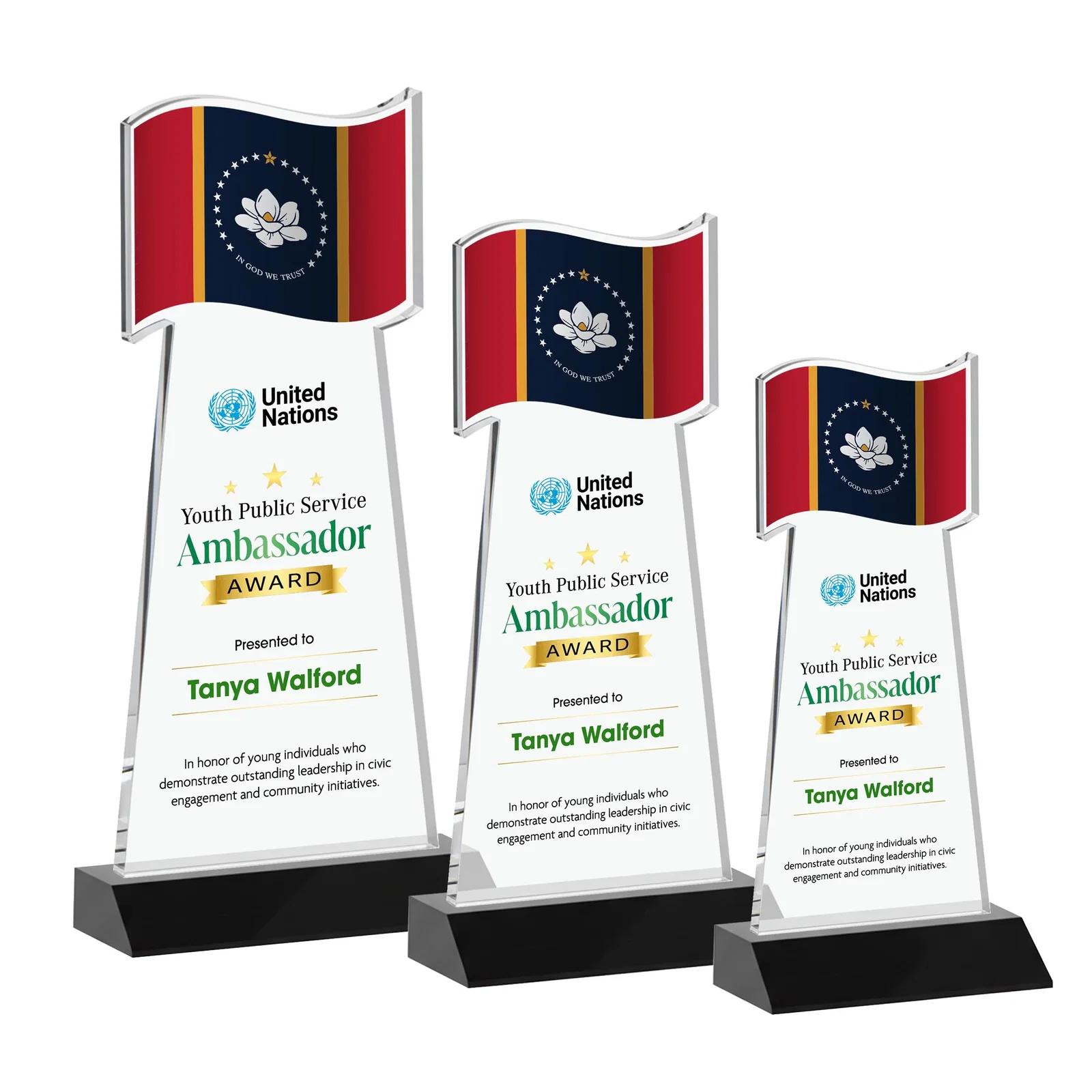 Custom printed Starfire Crystal Award with a Flag Cutout on a Mitered Base for donor appreciation