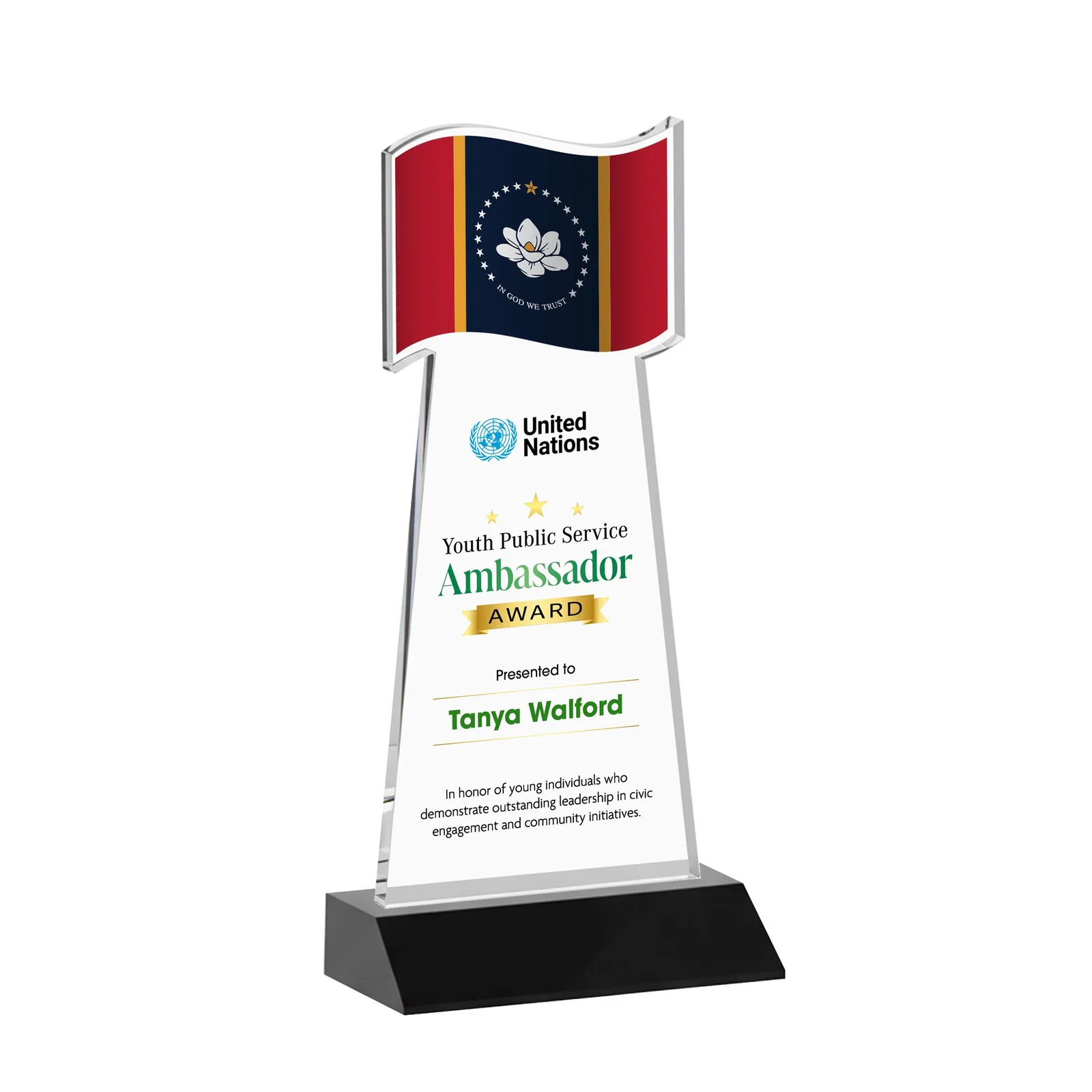 Custom printed Starfire Crystal Award with a Flag Cutout on a Mitered Base for graduation ceremonies
