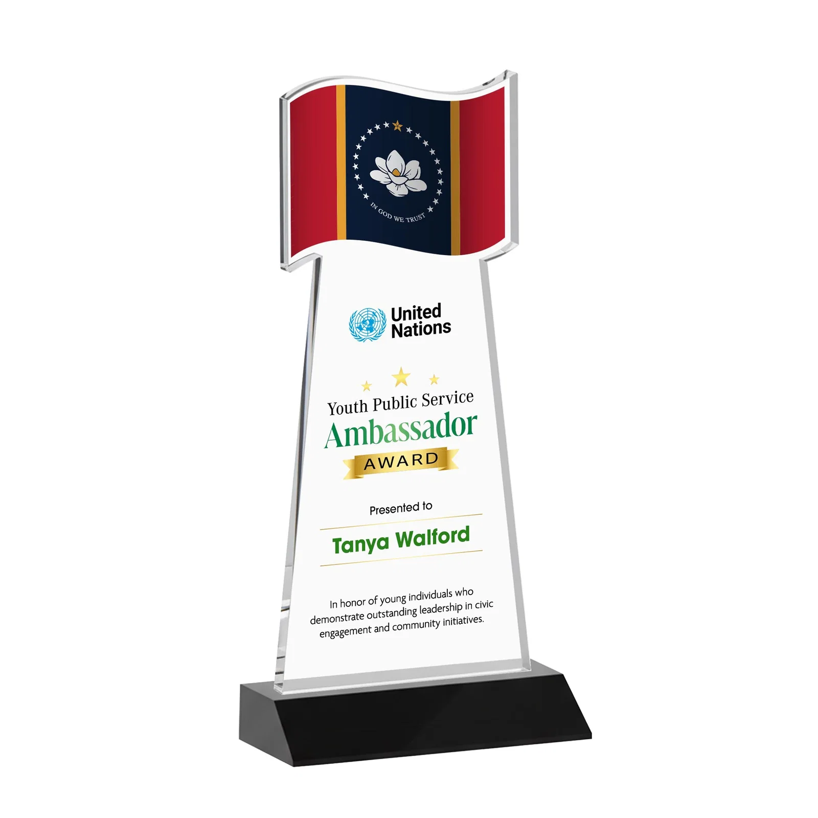 Custom printed Starfire Crystal Award with a Flag Cutout on a Mitered Base for safety achievement programs