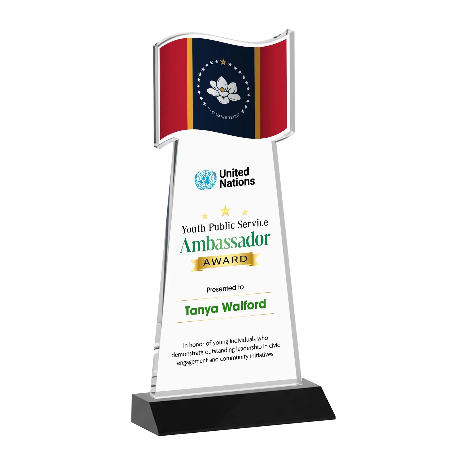Custom printed Starfire Crystal Award with a Flag Cutout on a Mitered Base for volunteer appreciation