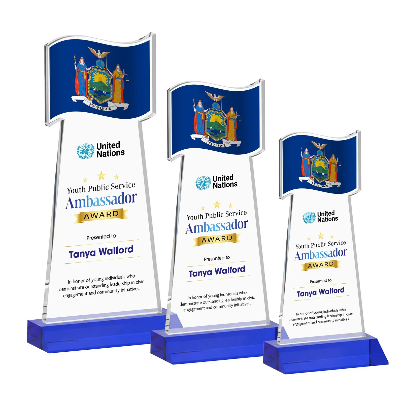 Custom printed Starfire Crystal Award with a Flag Cutout on a Mitered Base for dealer and partner awards