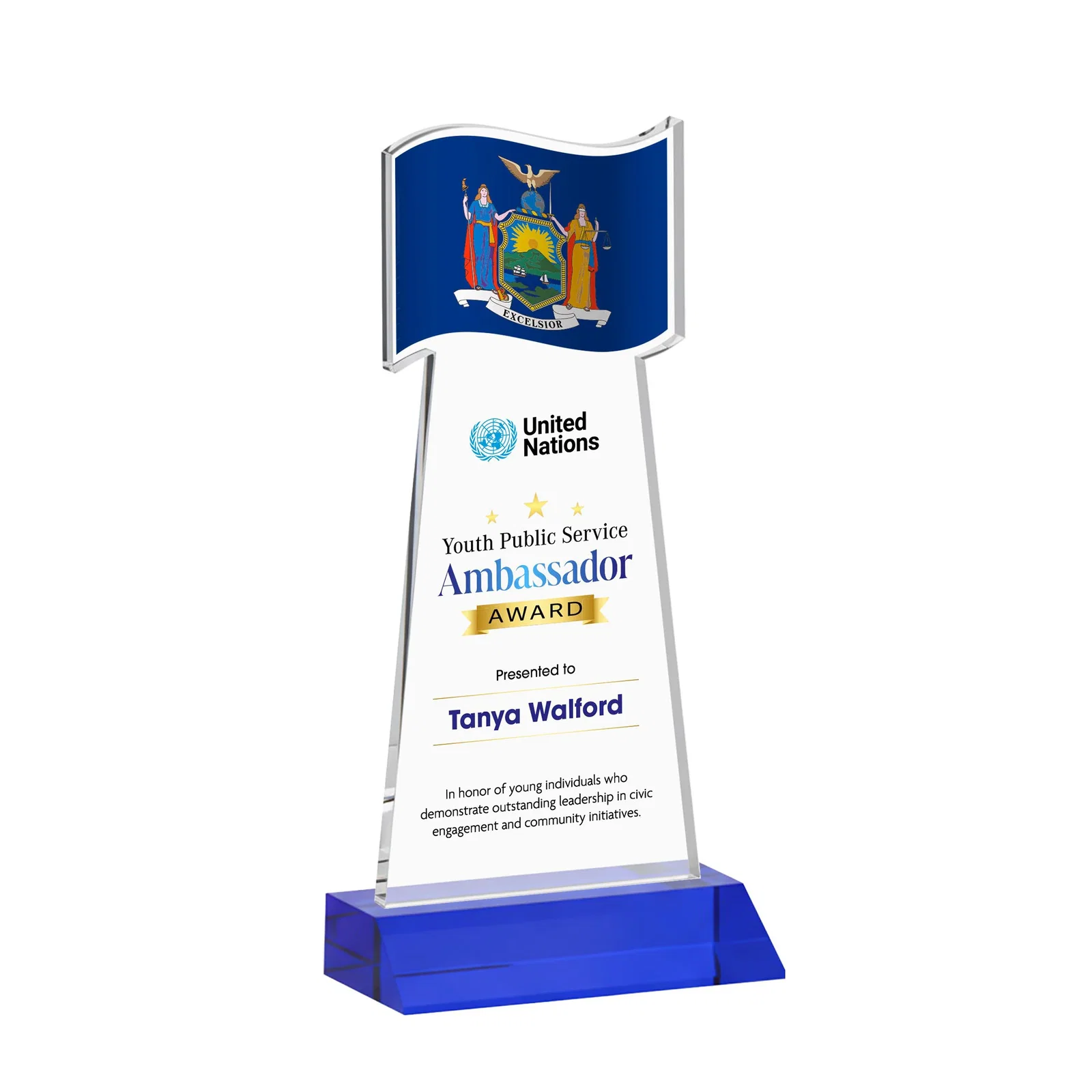 Custom printed Starfire Crystal Award with a Flag Cutout on a Mitered Base for company anniversary events