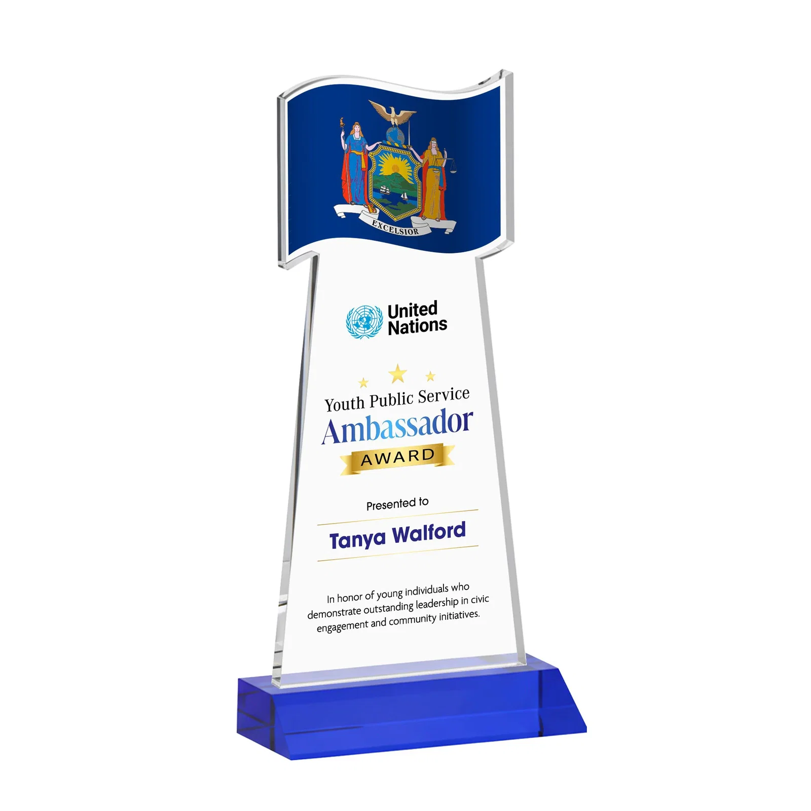 Customized Starfire Crystal Award with a Flag Cutout on a Mitered Base for employee recognition