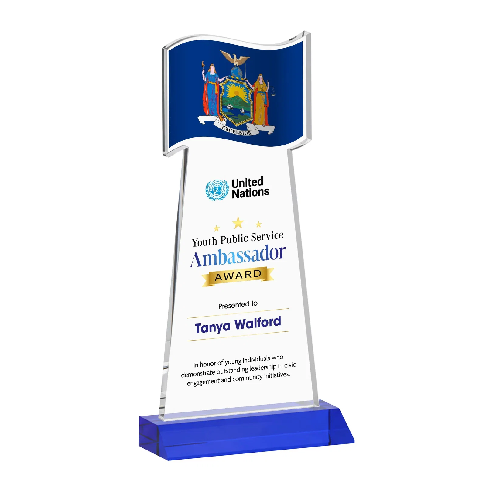 Customized Starfire Crystal Award with a Flag Cutout on a Mitered Base for corporate award ceremonies