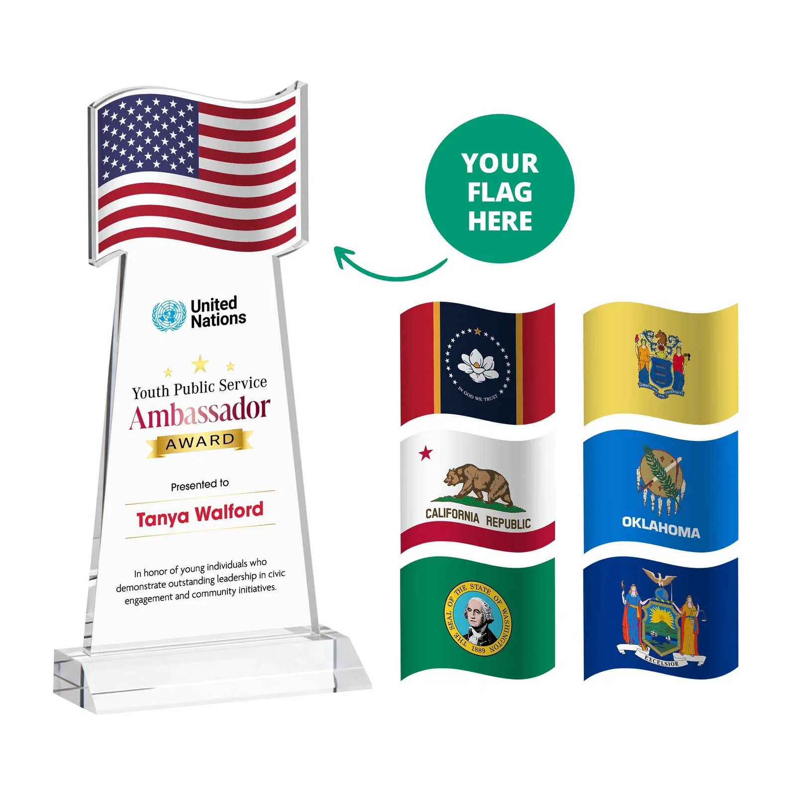 Customized Starfire Crystal Award with a Flag Cutout on a Mitered Base for service anniversary gifts