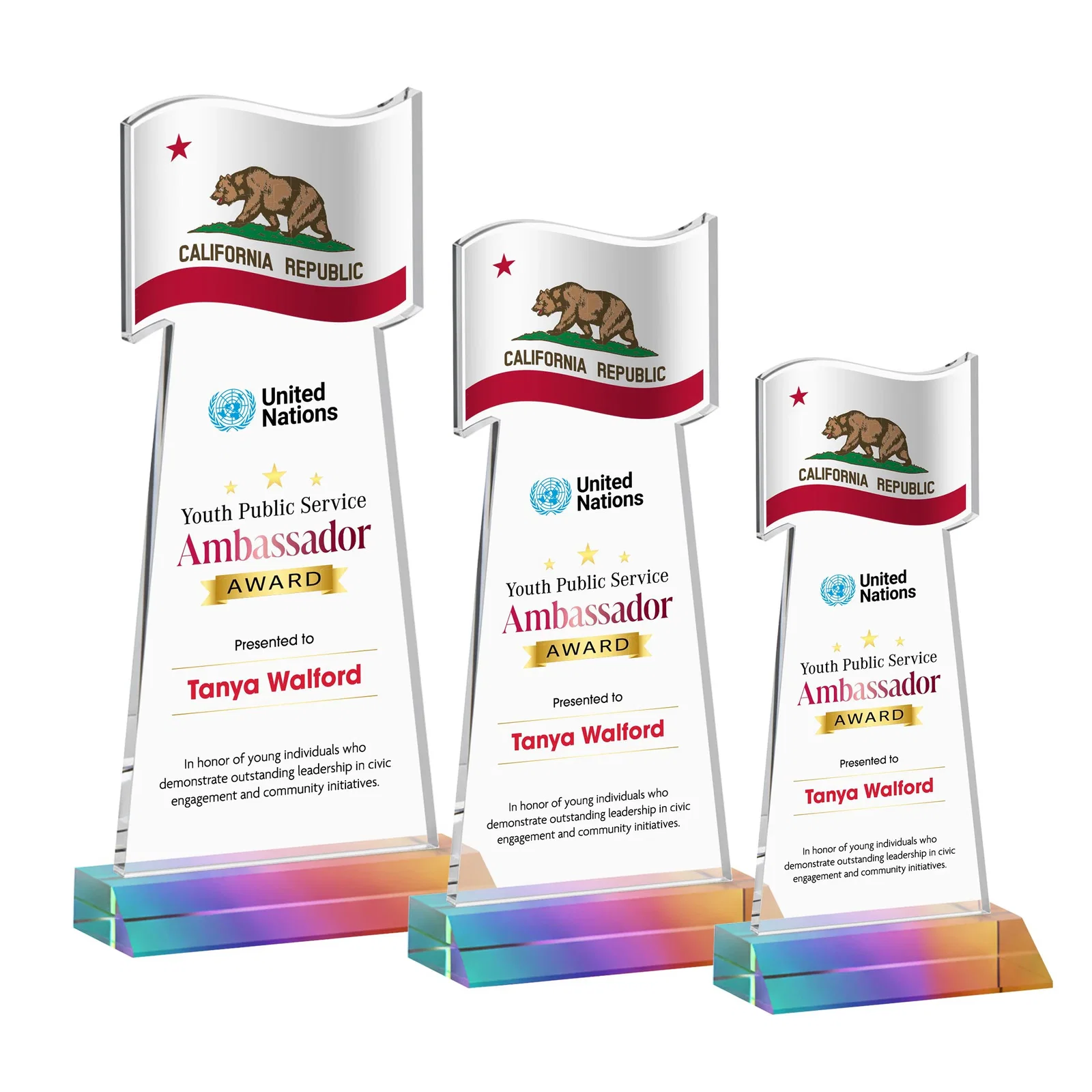 Customized Starfire Crystal Award with a Flag Cutout on a Mitered Base for sales achievement awards