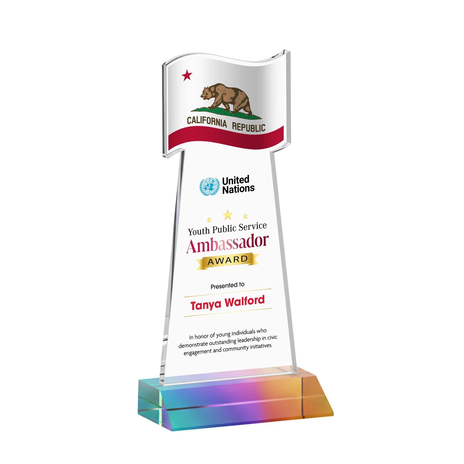 Customized Starfire Crystal Award with a Flag Cutout on a Mitered Base for retirement presentations