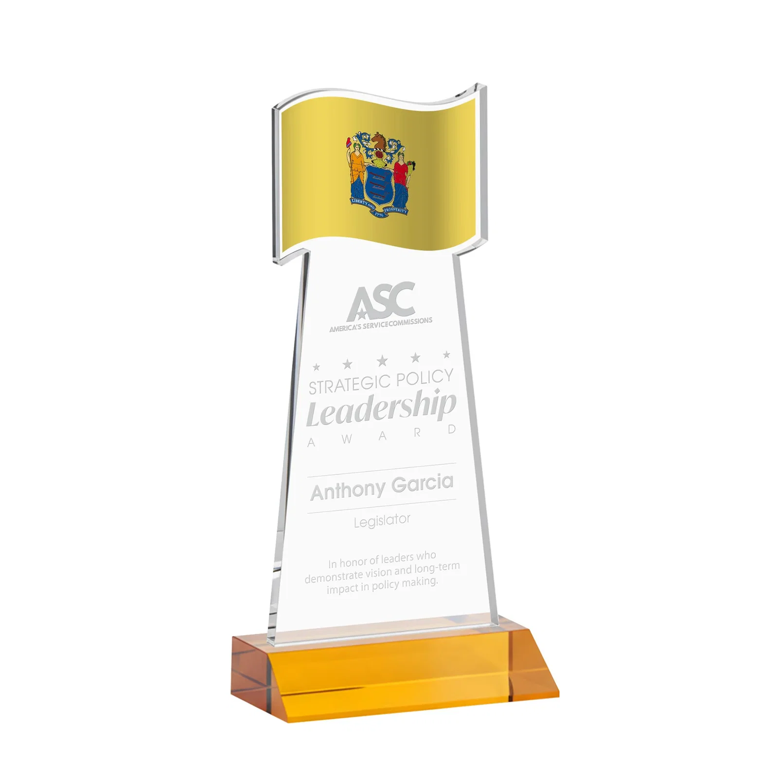 Custom Starfire Crystal Award with a Flag Cutout on a Mitered Base for safety achievement programs