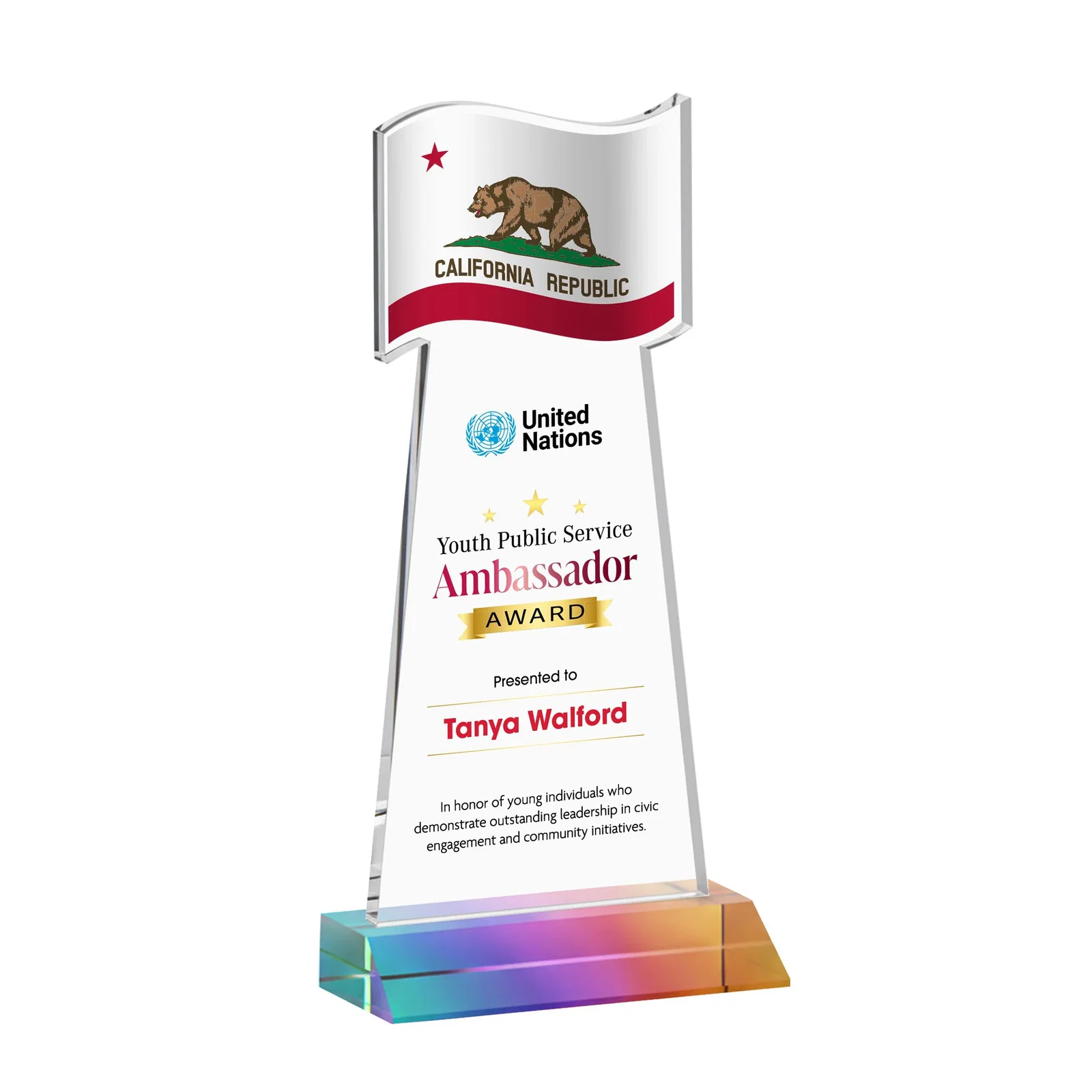 Customized Starfire Crystal Award with a Flag Cutout on a Mitered Base for team milestone celebrations