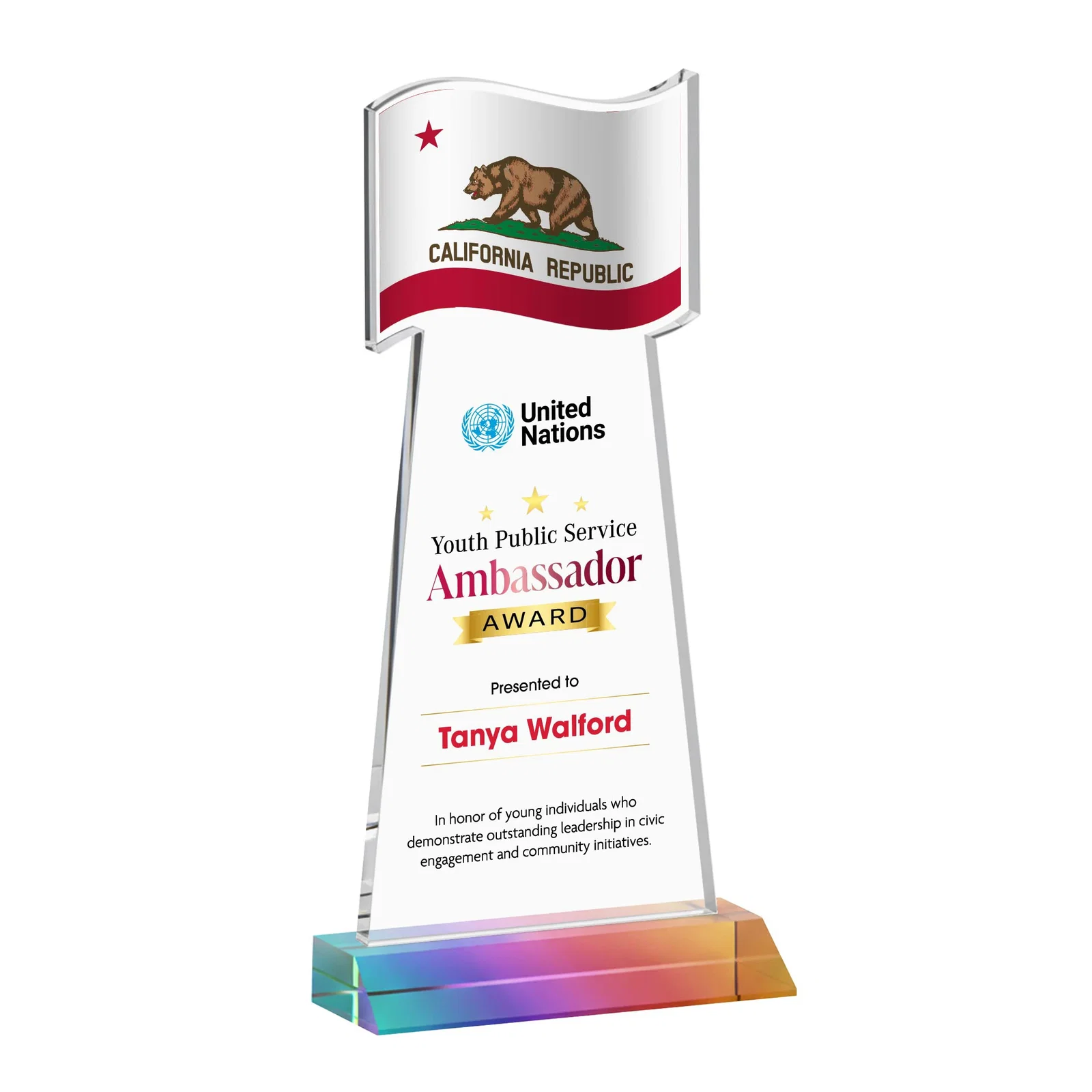 Customized Starfire Crystal Award with a Flag Cutout on a Mitered Base for donor appreciation
