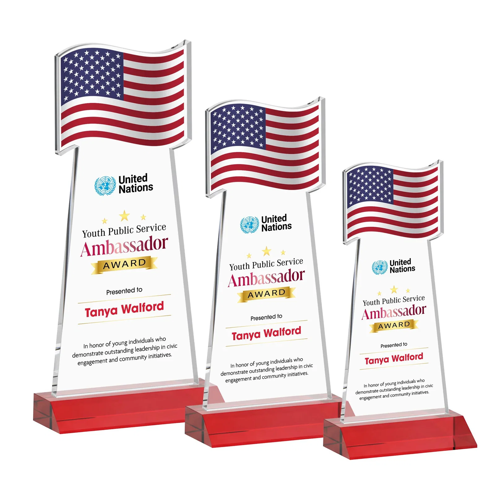 Customized Starfire Crystal Award with a Flag Cutout on a Mitered Base for graduation ceremonies