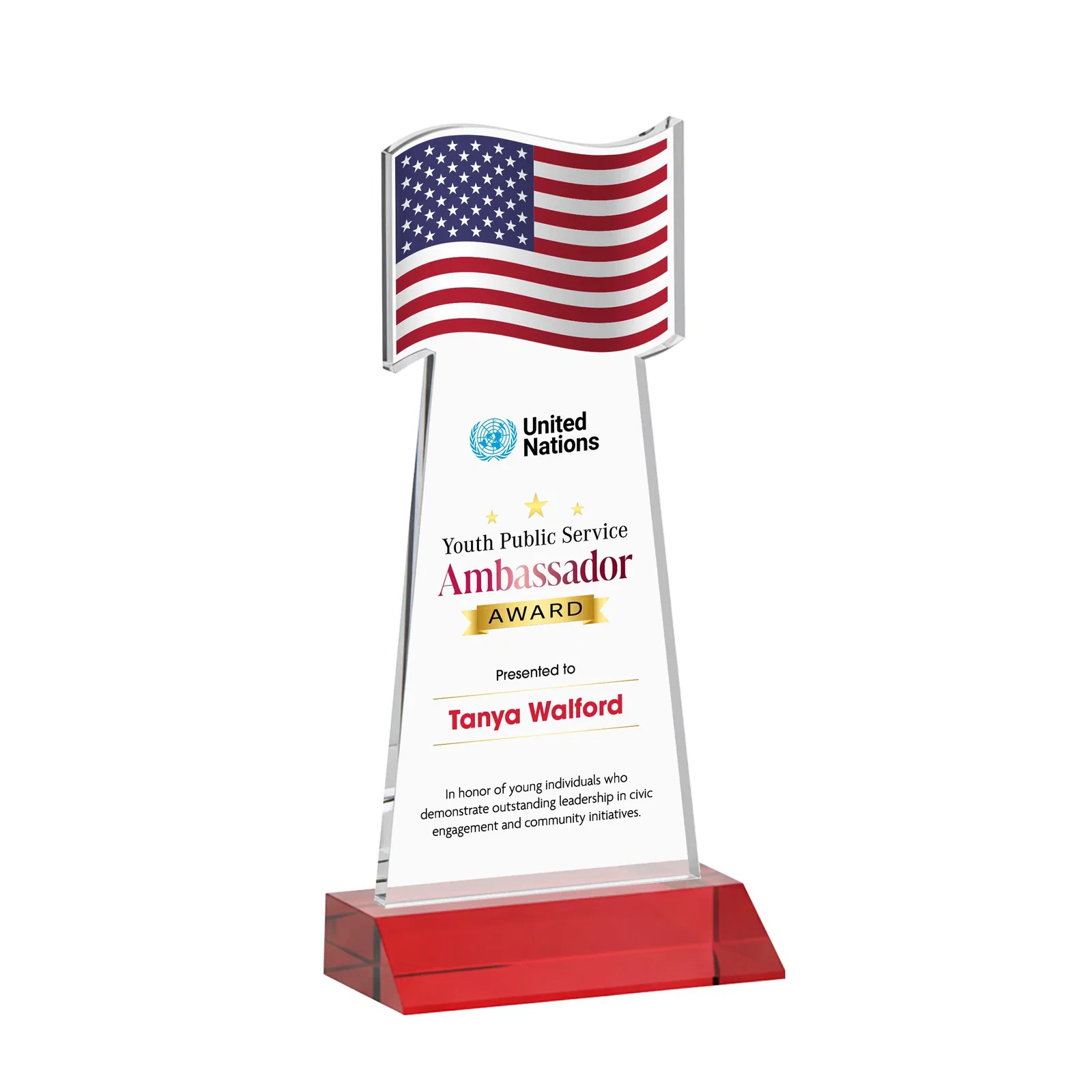 Customized Starfire Crystal Award with a Flag Cutout on a Mitered Base for safety achievement programs