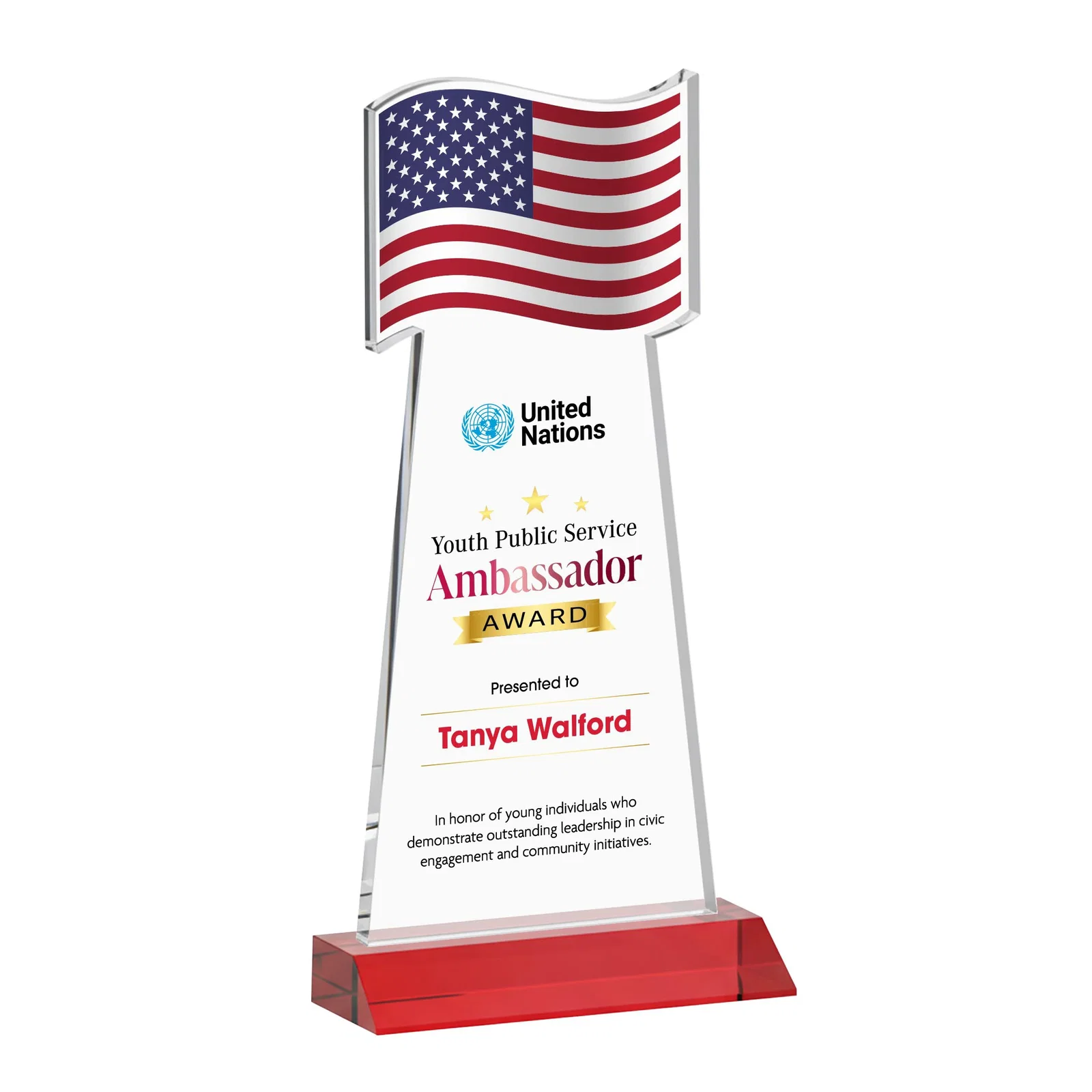 Customized Starfire Crystal Award with a Flag Cutout on a Mitered Base for dealer and partner awards