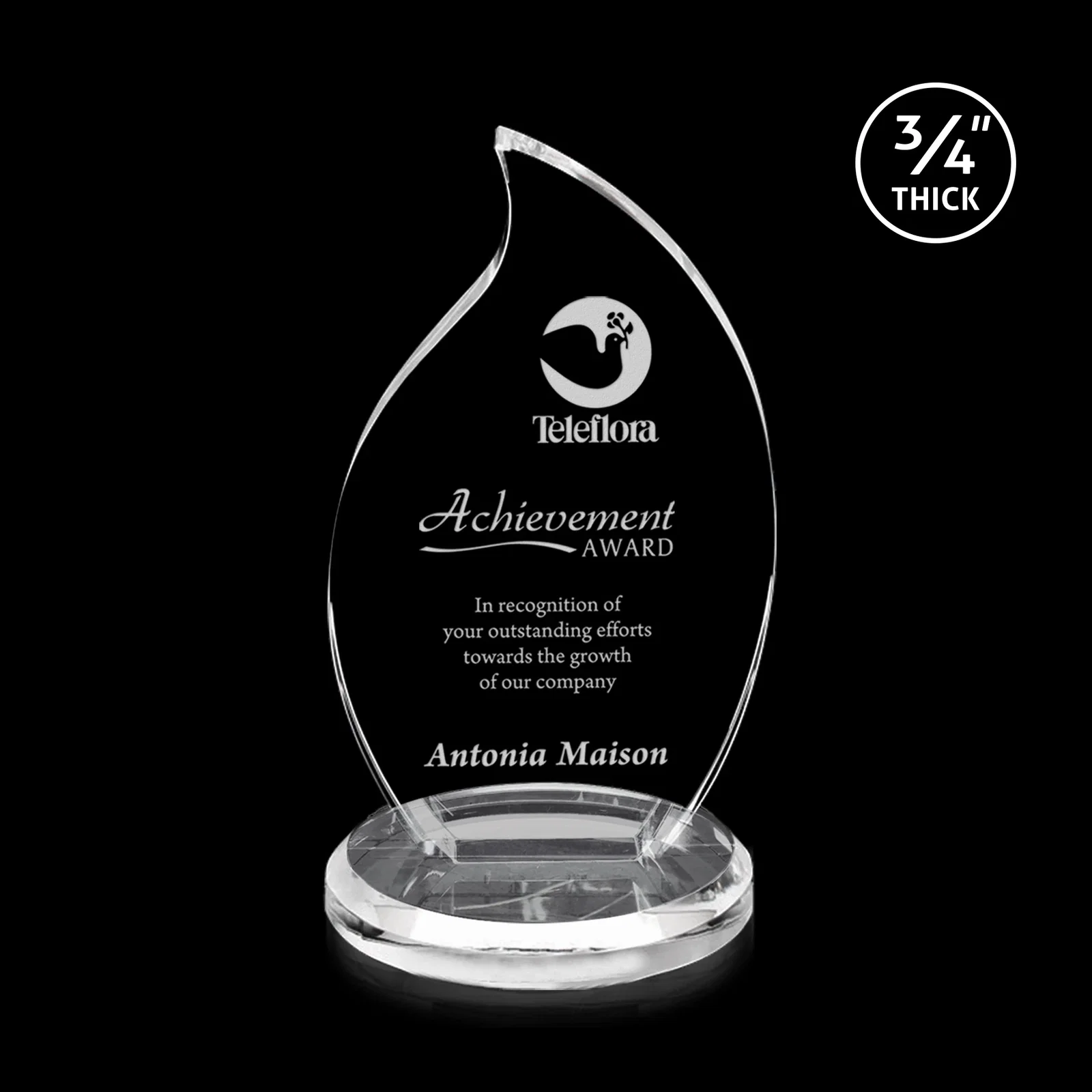 Custom Optical Crystal Flame Award on Round Beveled Base for corporate award ceremonies