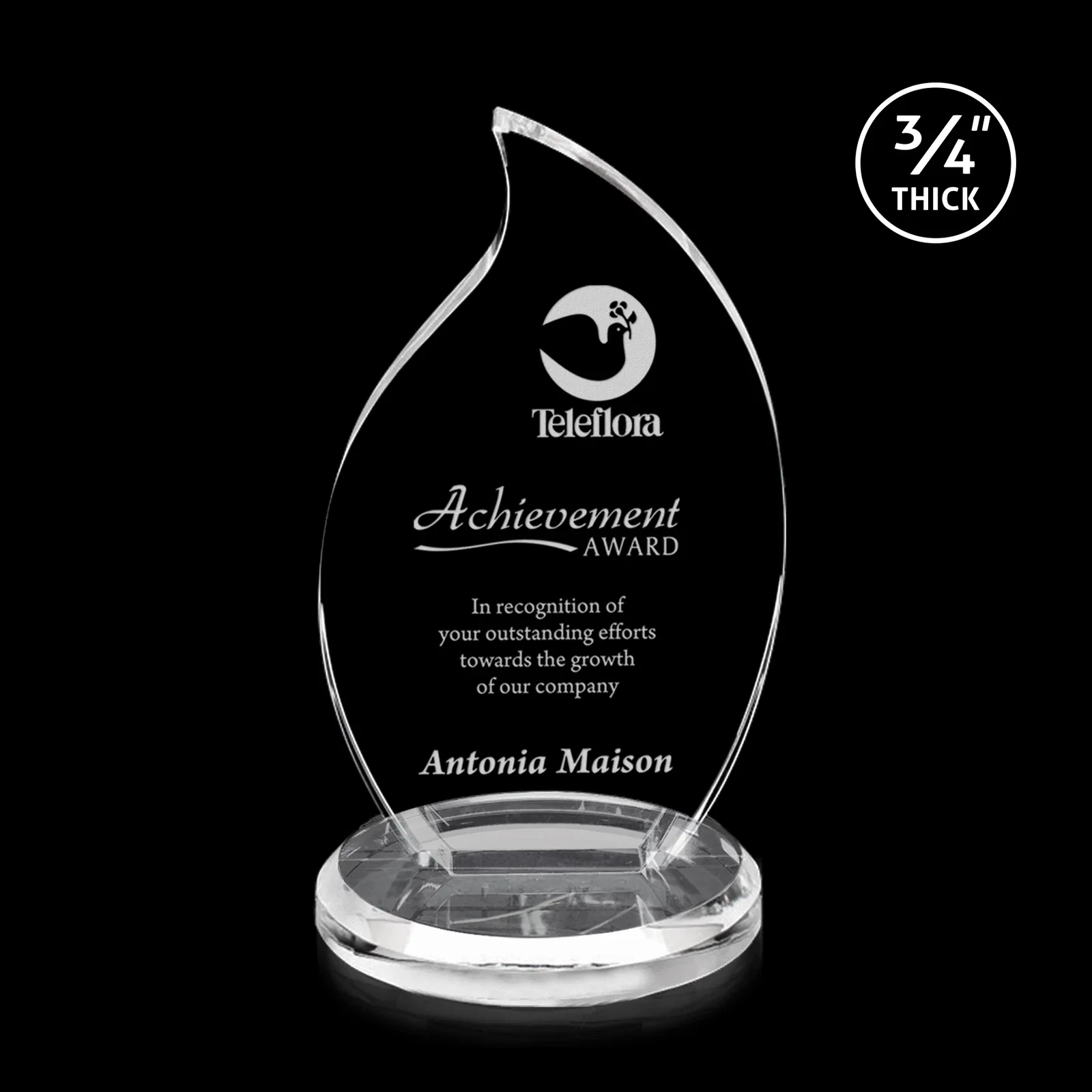 Custom Optical Crystal Flame Award on Round Beveled Base for service anniversary gifts
