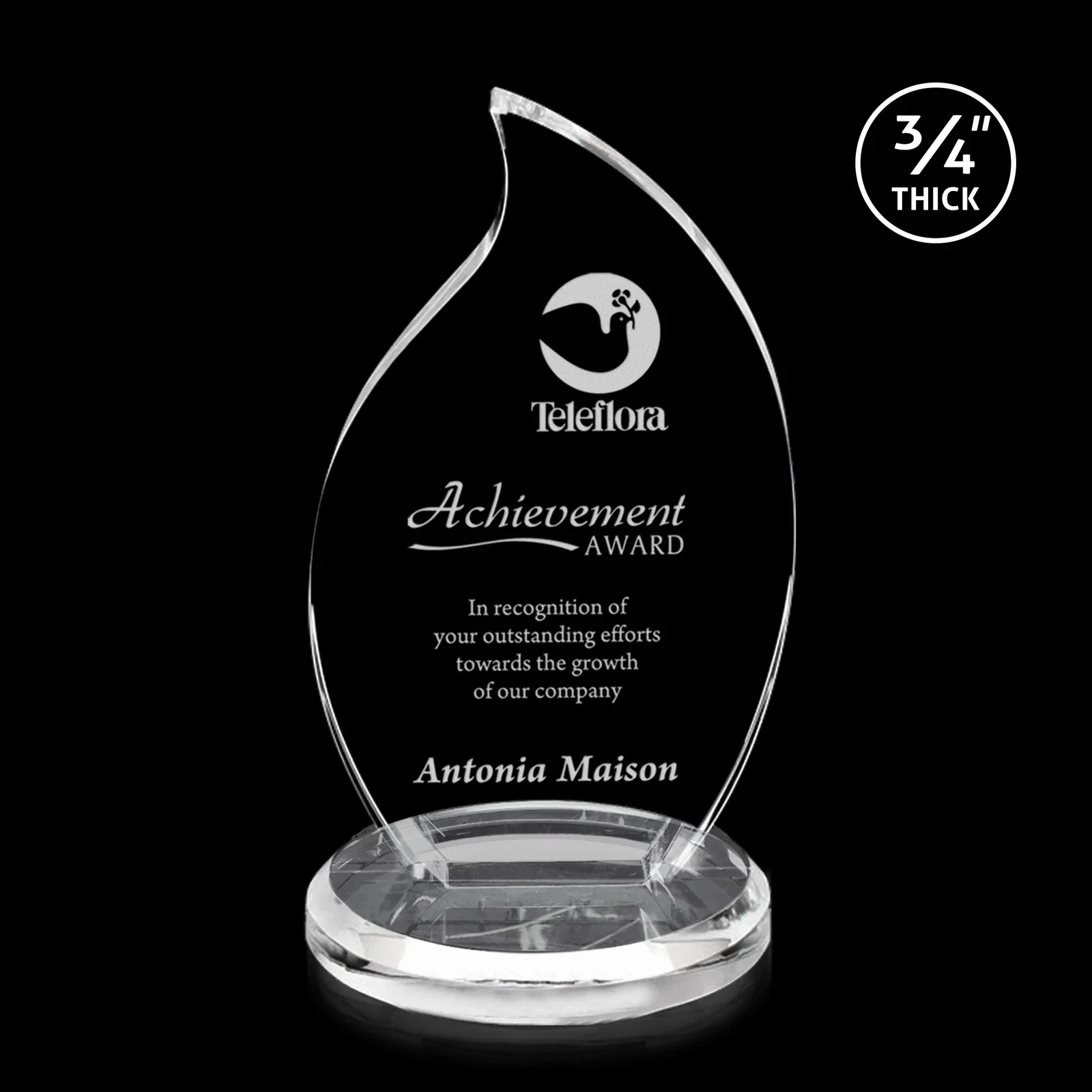 Custom Optical Crystal Flame Award on Round Beveled Base for sales achievement awards