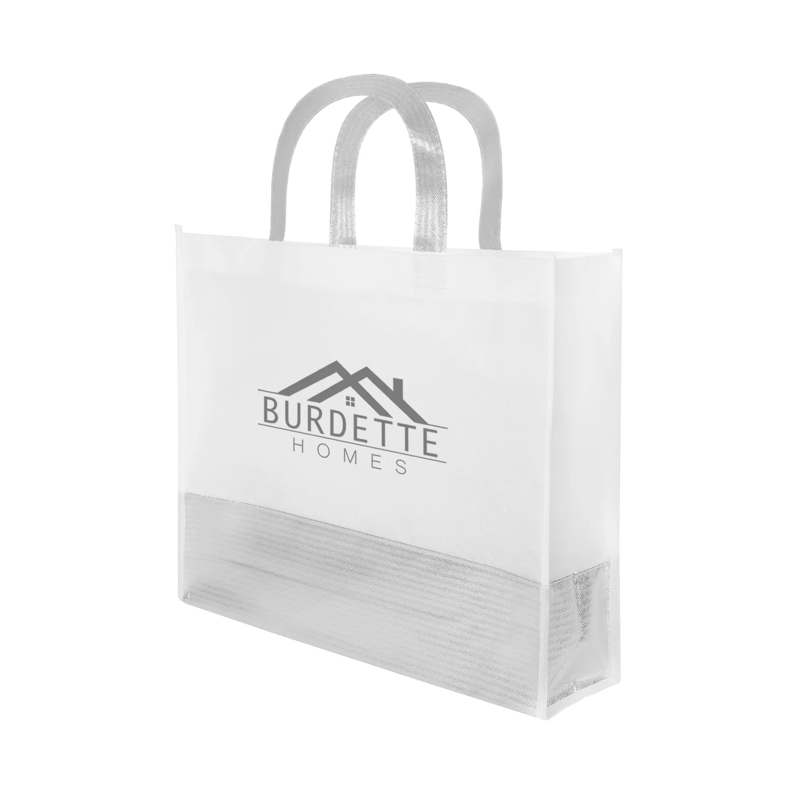 Silver non-woven tote with a metallic sheen across the front
