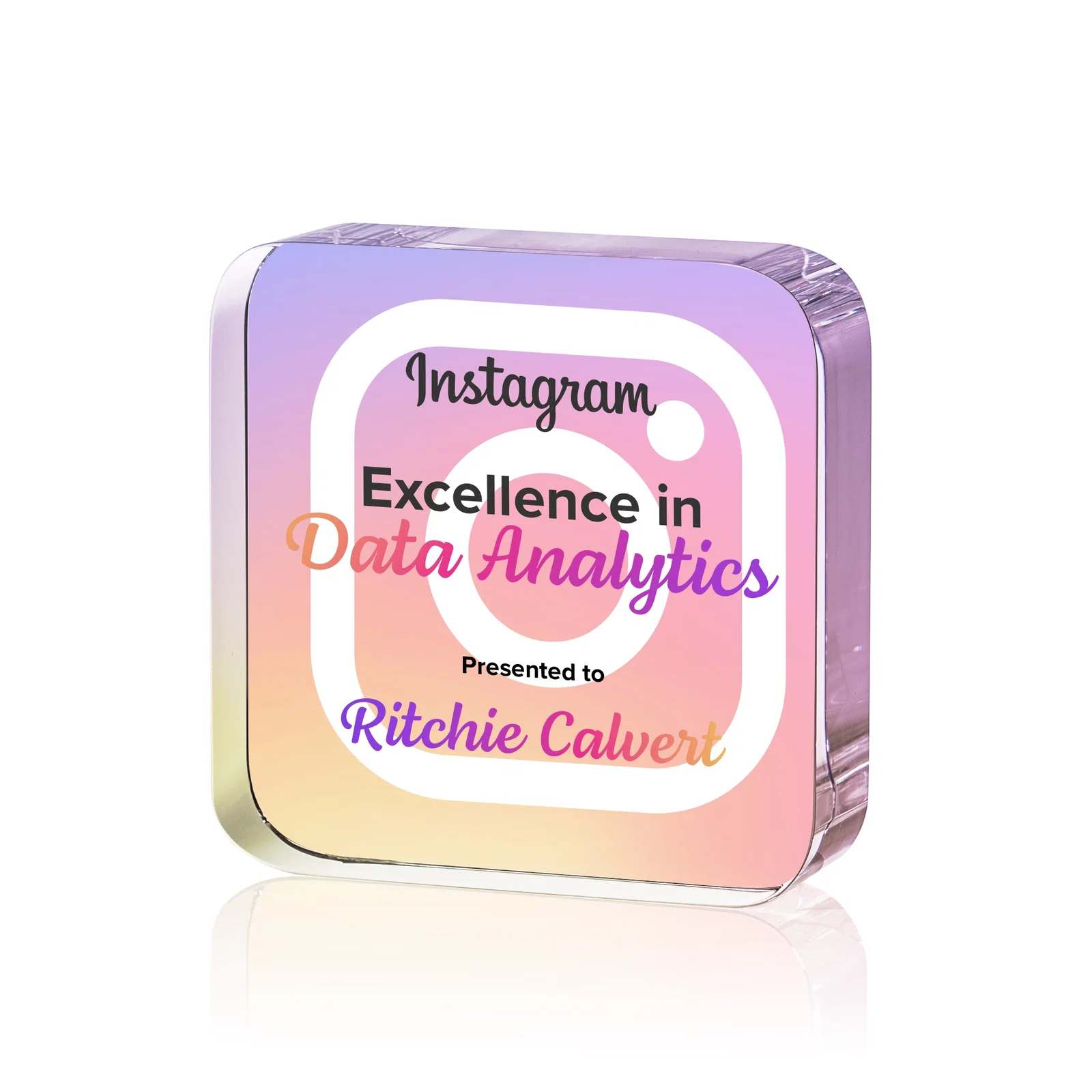 Custom Optical Crystal Award Shaped like a Rounded App Icon, desk awards for volunteer appreciation