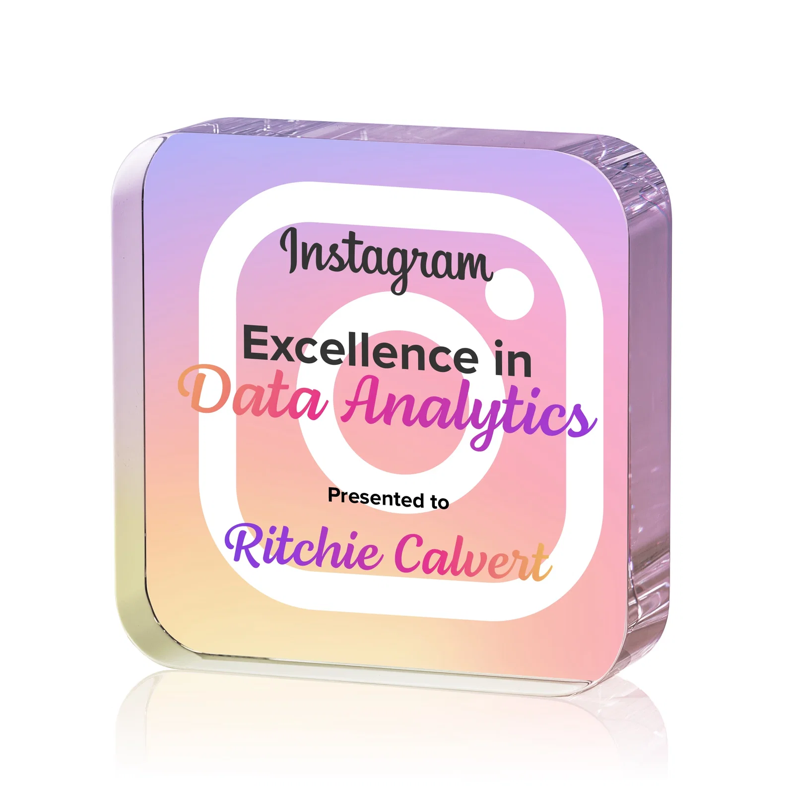 Custom Optical Crystal Award Shaped like a Rounded App Icon, desk awards for dealer and partner awards