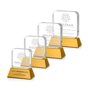 Rounded-Edge Optical Crystal Block Award on an Amber Crystal Base
