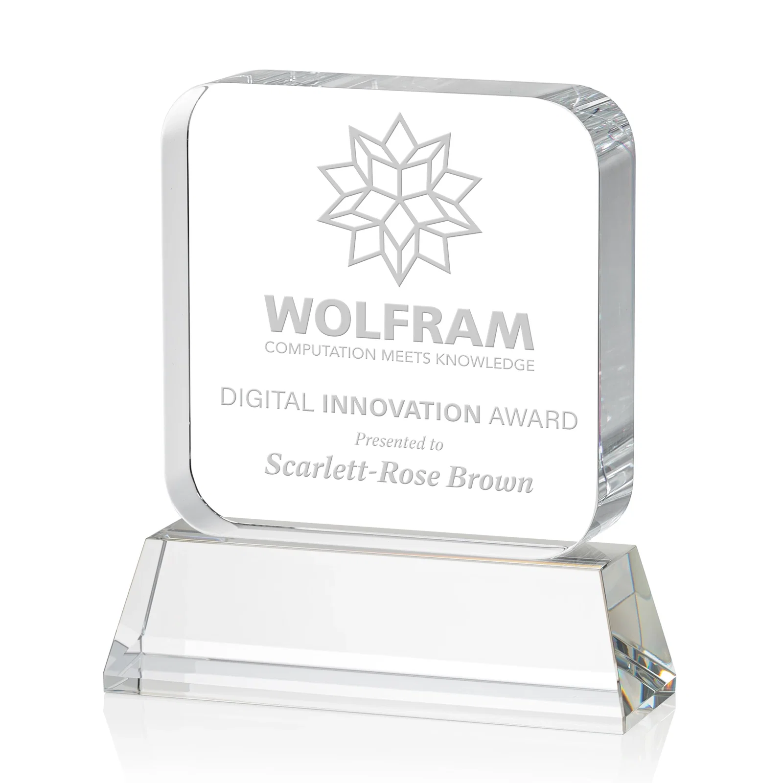 Custom Rounded-Edge Optical Crystal Block Award on an Amber Crystal Base, awards for volunteer appreciation