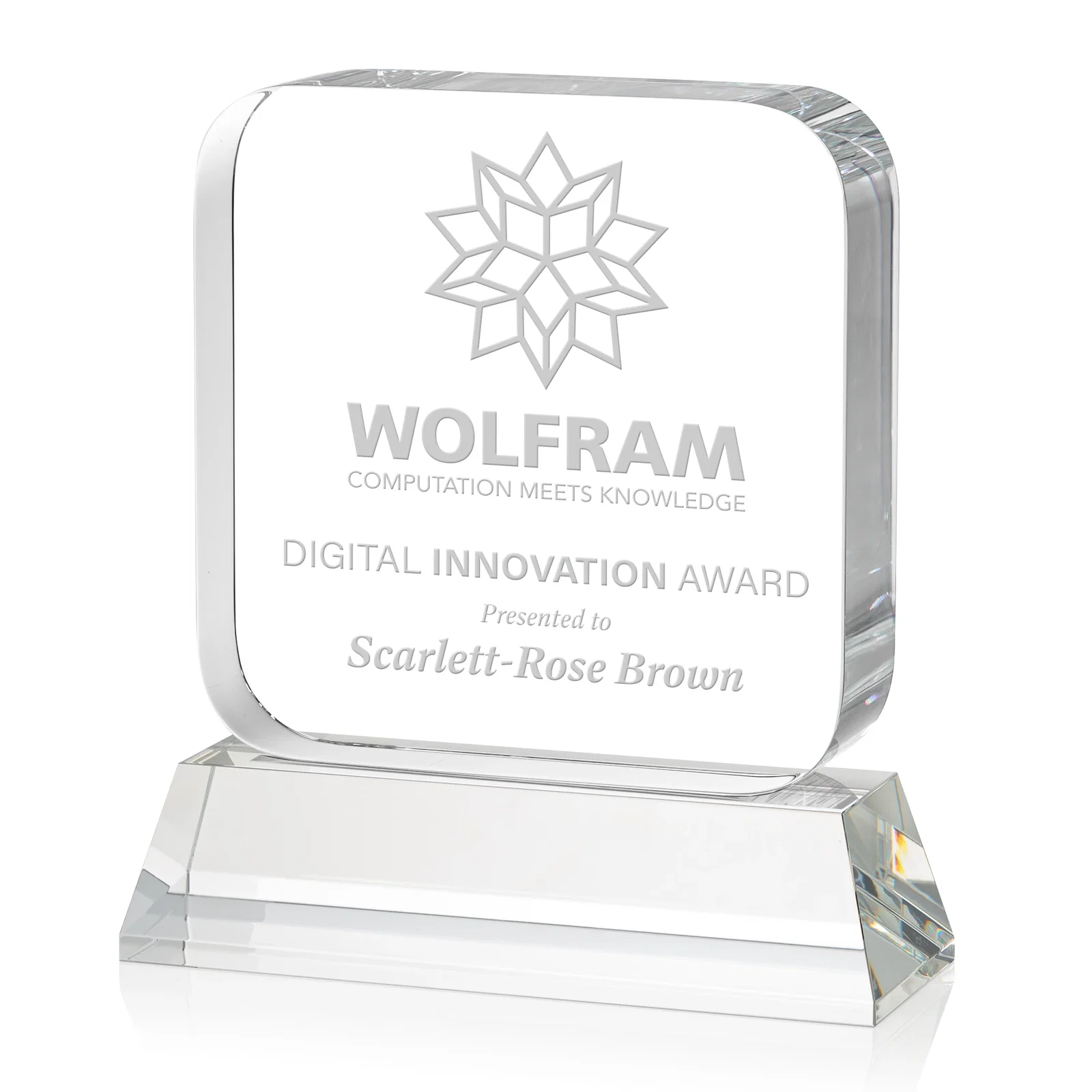 Custom Rounded-Edge Optical Crystal Block Award on an Amber Crystal Base, awards for dealer and partner awards