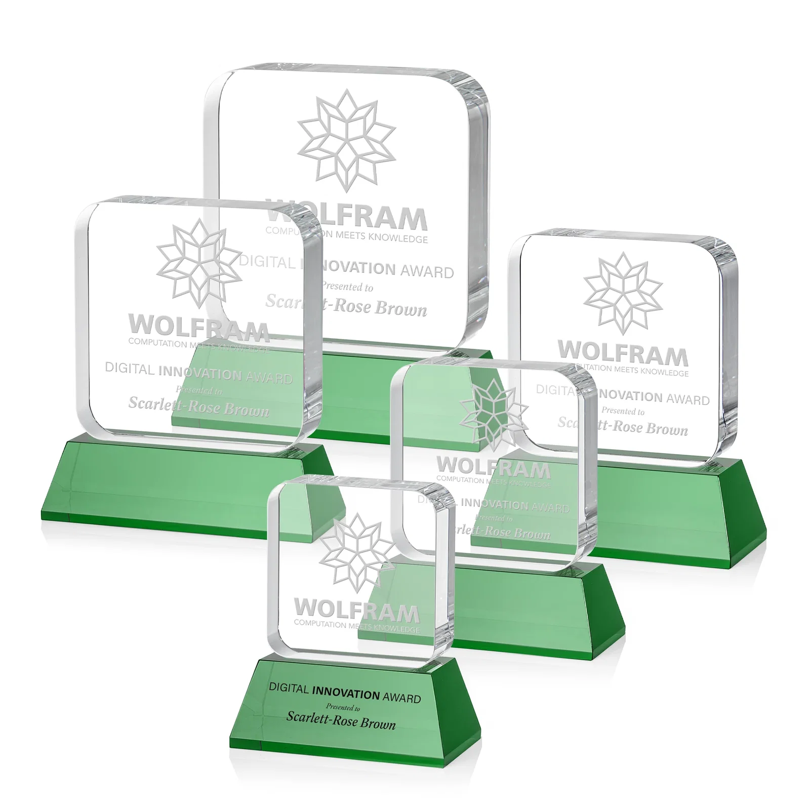 Custom Rounded-Edge Optical Crystal Block Award on an Amber Crystal Base, awards for company anniversary events