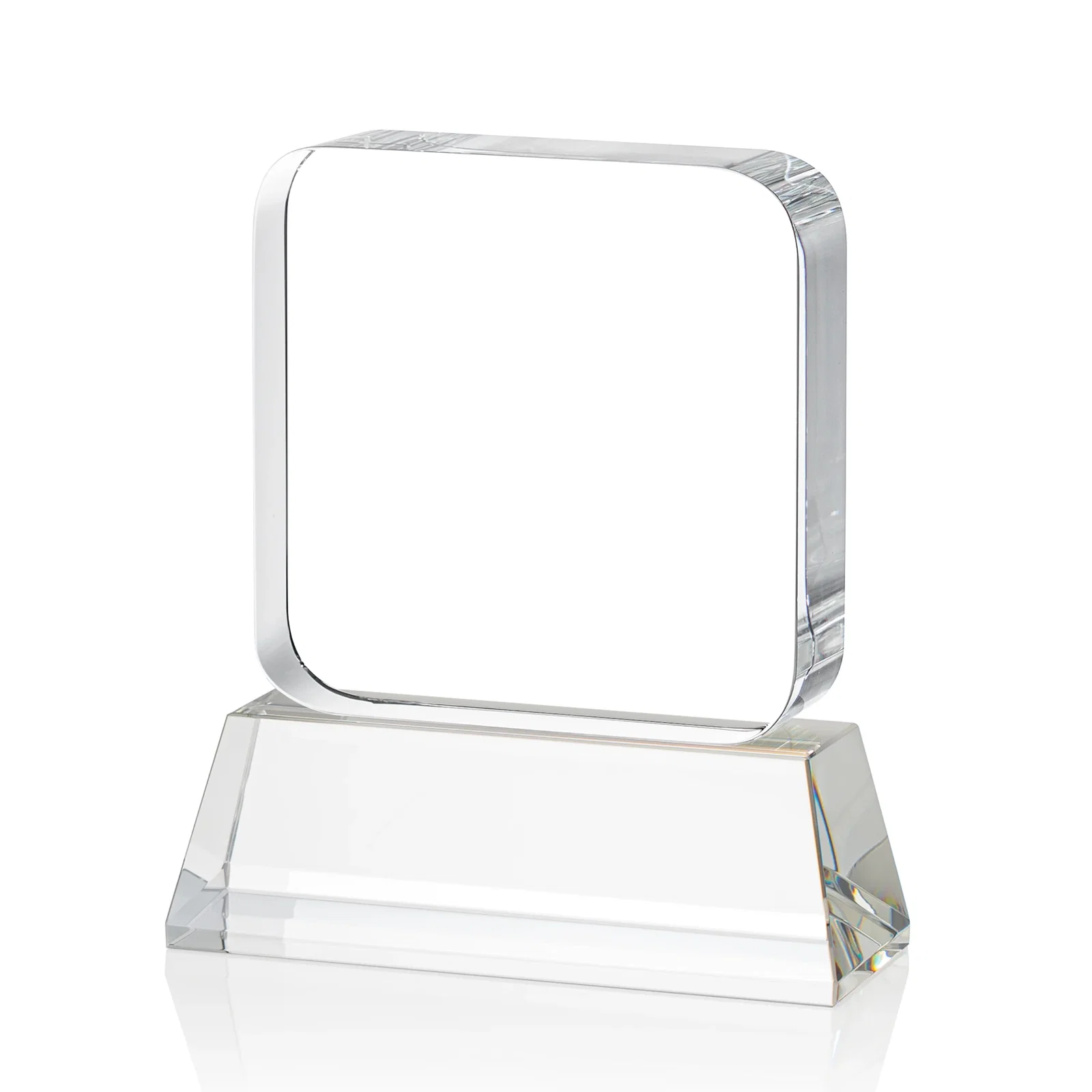 Branded Rounded-Edge Optical Crystal Block Award on an Amber Crystal Base, awards, with your logo for company anniversary events