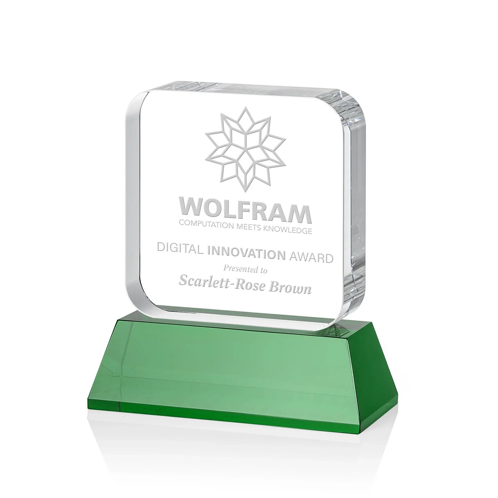 Personalized Rounded-Edge Optical Crystal Block Award on an Amber Crystal Base, awards for corporate award ceremonies