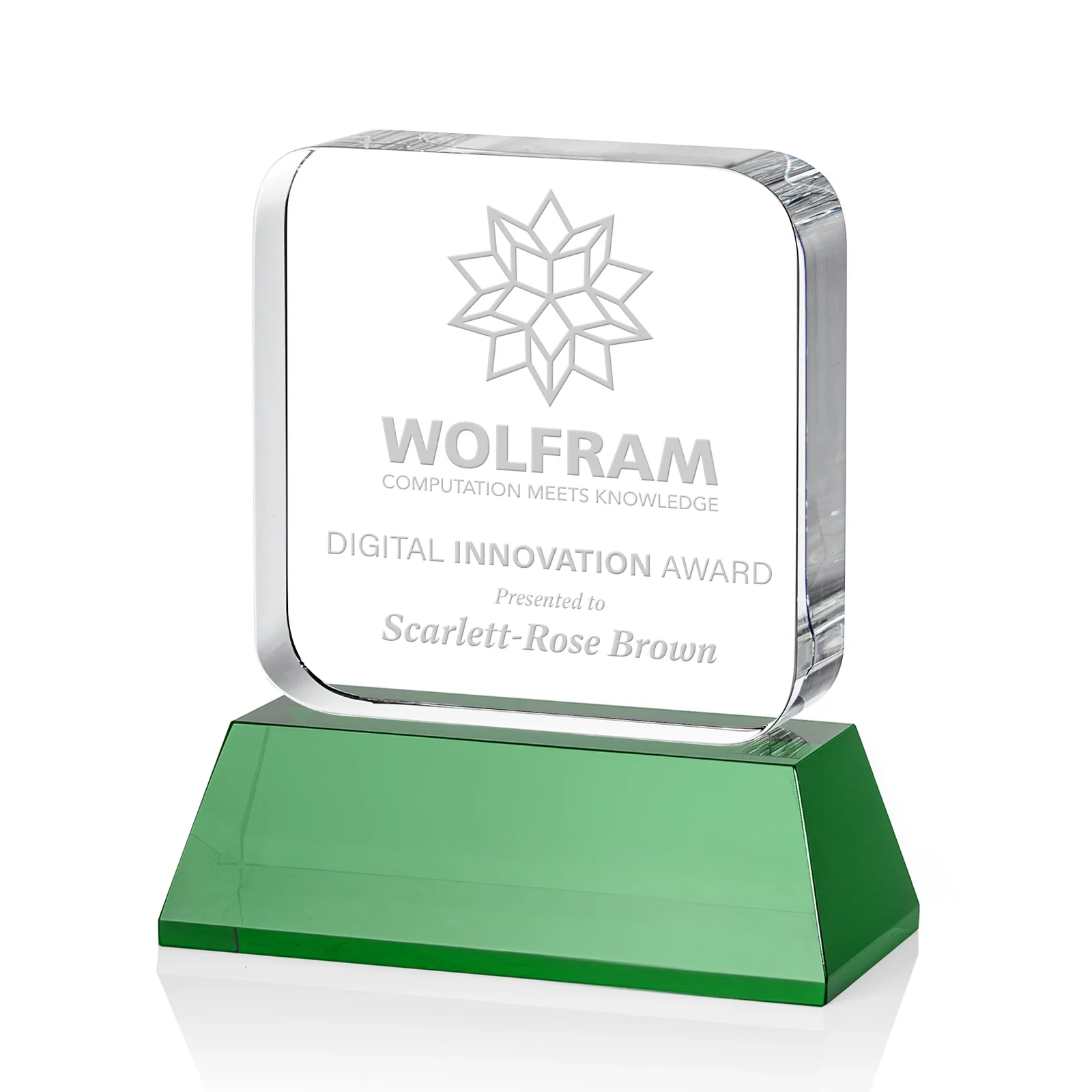 Personalized Rounded-Edge Optical Crystal Block Award on an Amber Crystal Base, awards for service anniversary gifts