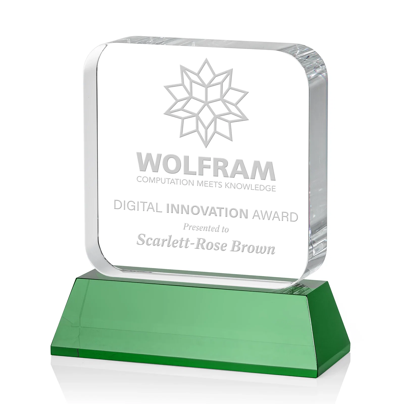Personalized Rounded-Edge Optical Crystal Block Award on an Amber Crystal Base, awards for sales achievement awards