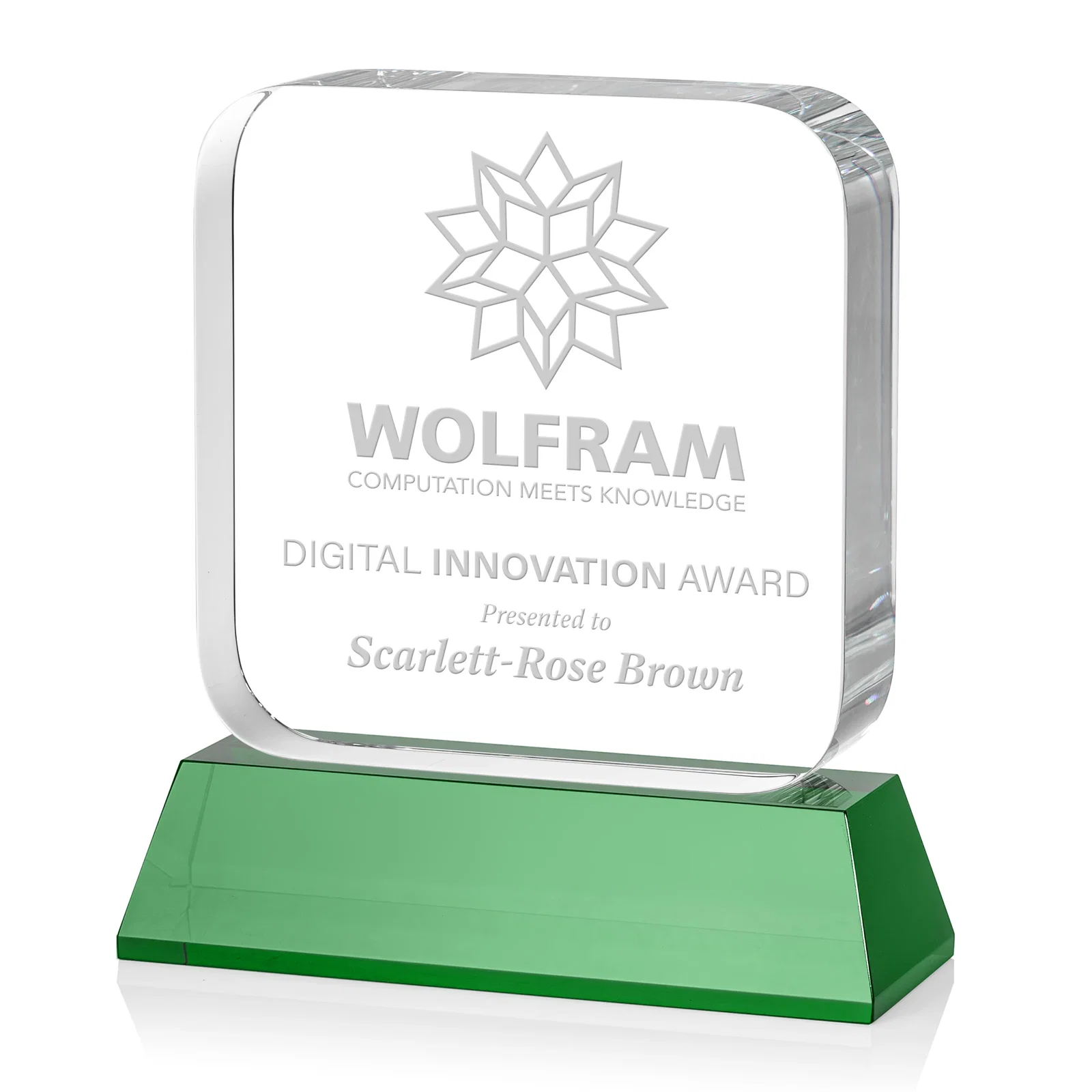 Personalized Rounded-Edge Optical Crystal Block Award on an Amber Crystal Base, awards for retirement presentations