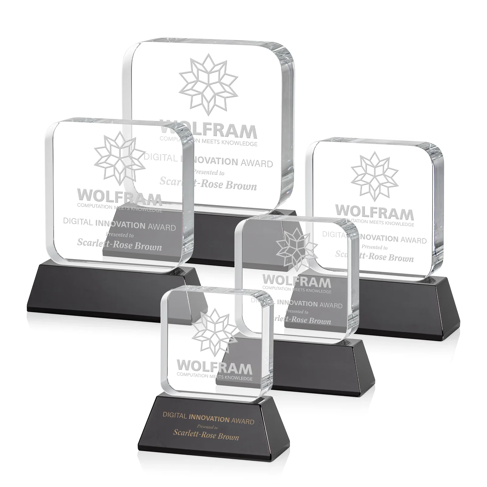Personalized Rounded-Edge Optical Crystal Block Award on an Amber Crystal Base, awards for team milestone celebrations