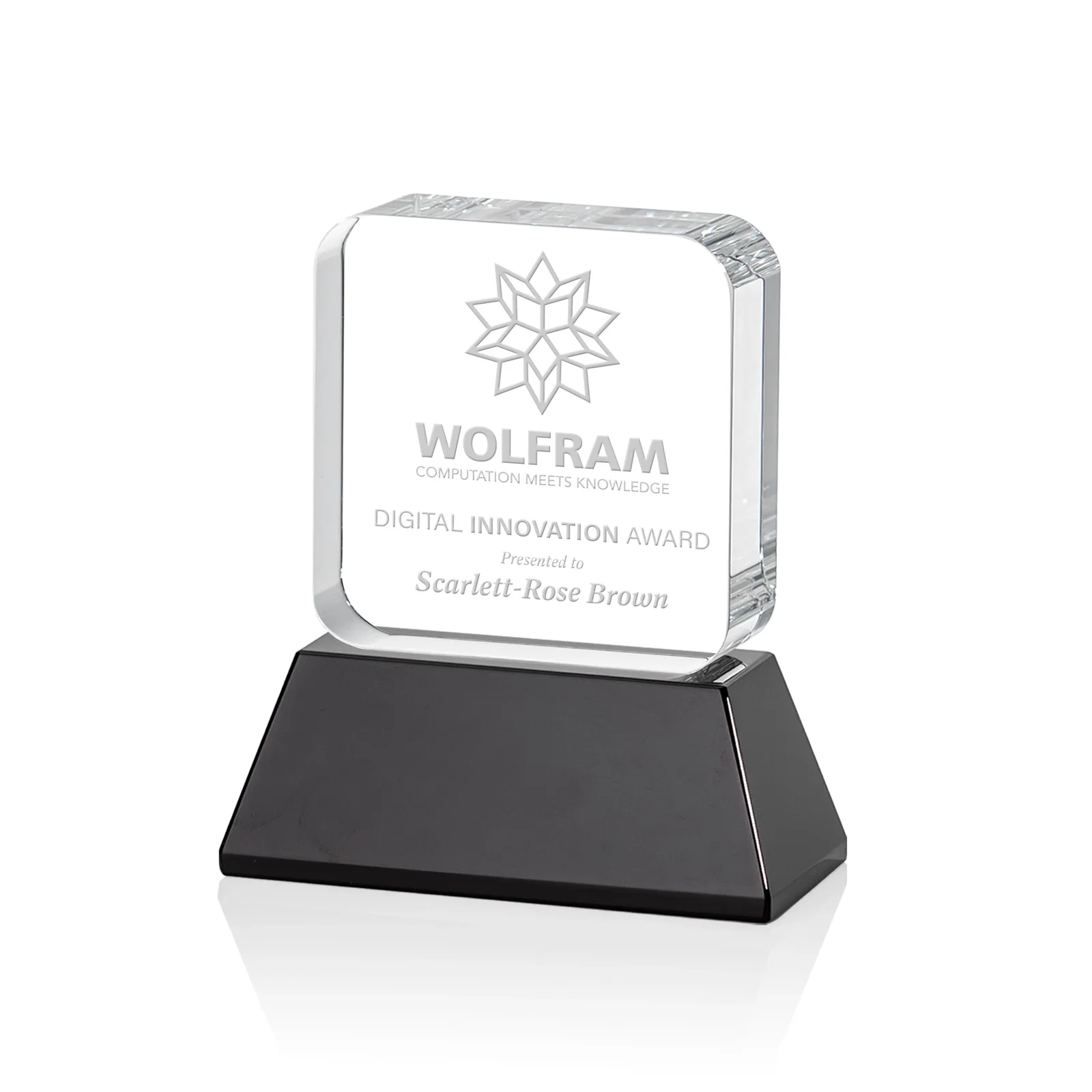 Personalized Rounded-Edge Optical Crystal Block Award on an Amber Crystal Base, awards for donor appreciation
