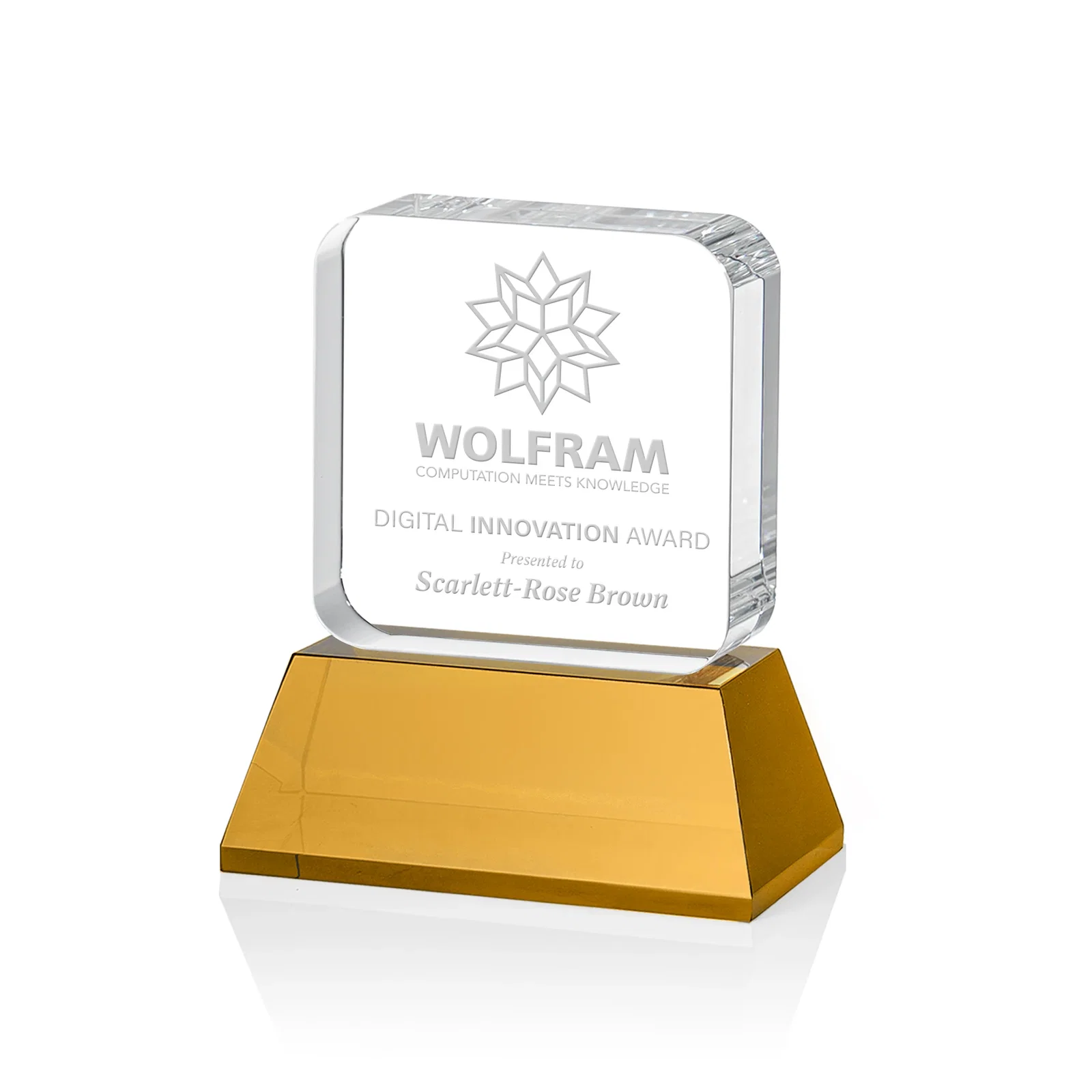 Custom Rounded-Edge Optical Crystal Block Award on an Amber Crystal Base, awards for corporate award ceremonies
