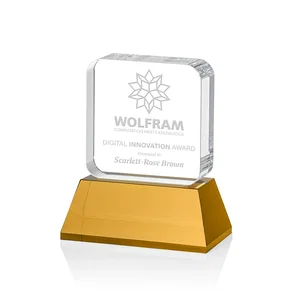 Rounded-Edge Optical Crystal Block Award on an Amber Crystal Base