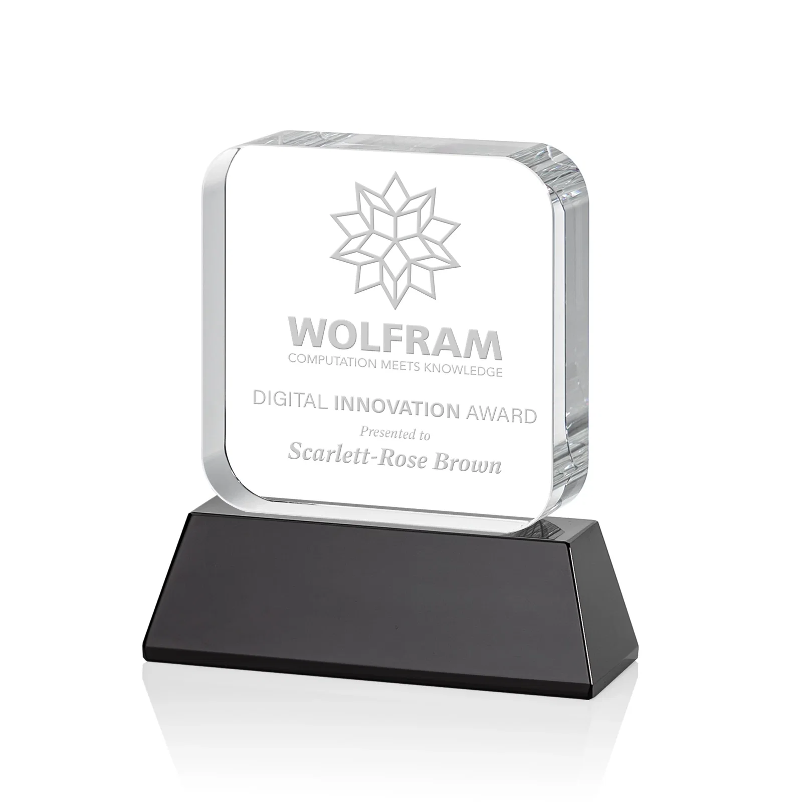 Personalized Rounded-Edge Optical Crystal Block Award on an Amber Crystal Base, awards for graduation ceremonies