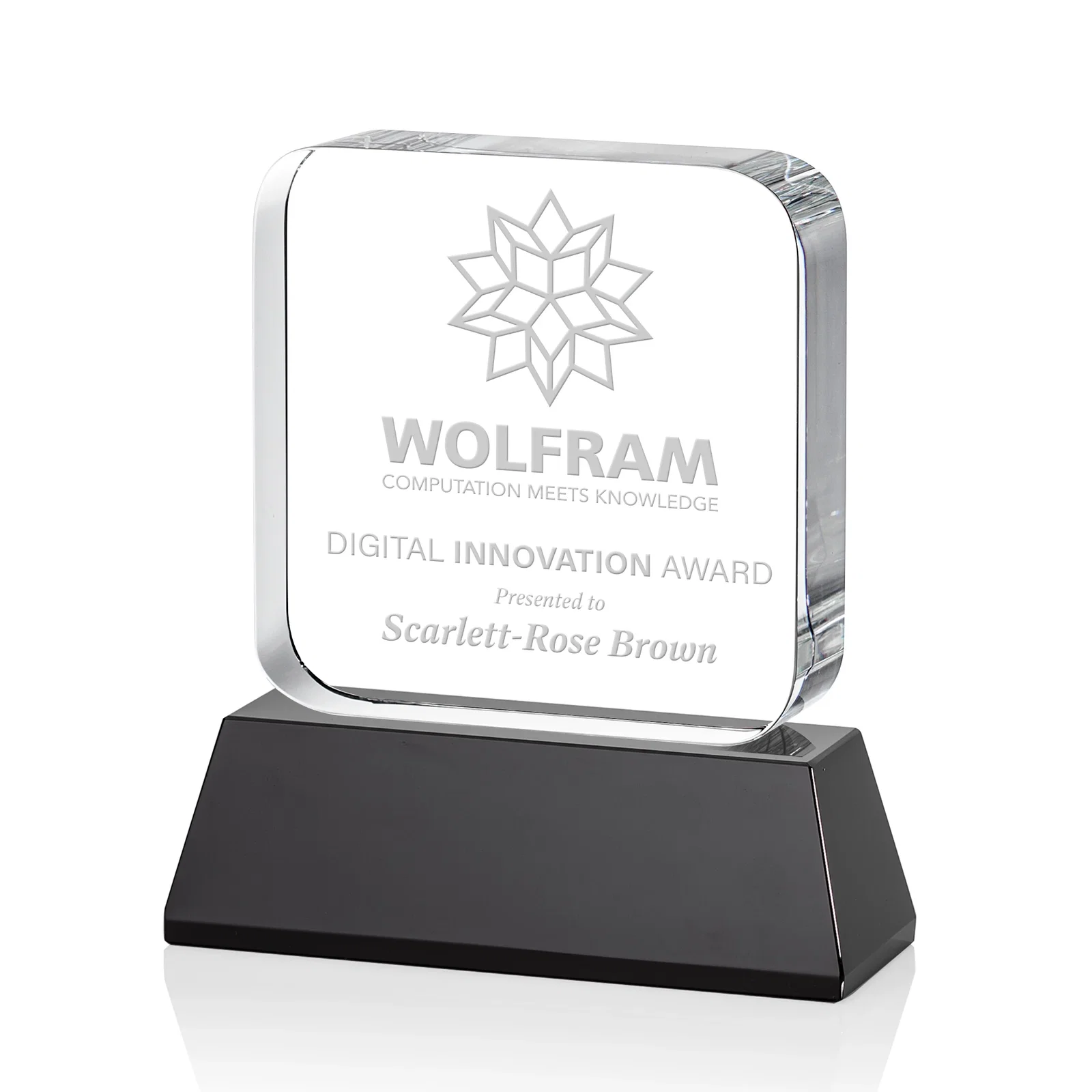 Personalized Rounded-Edge Optical Crystal Block Award on an Amber Crystal Base, awards for safety achievement programs