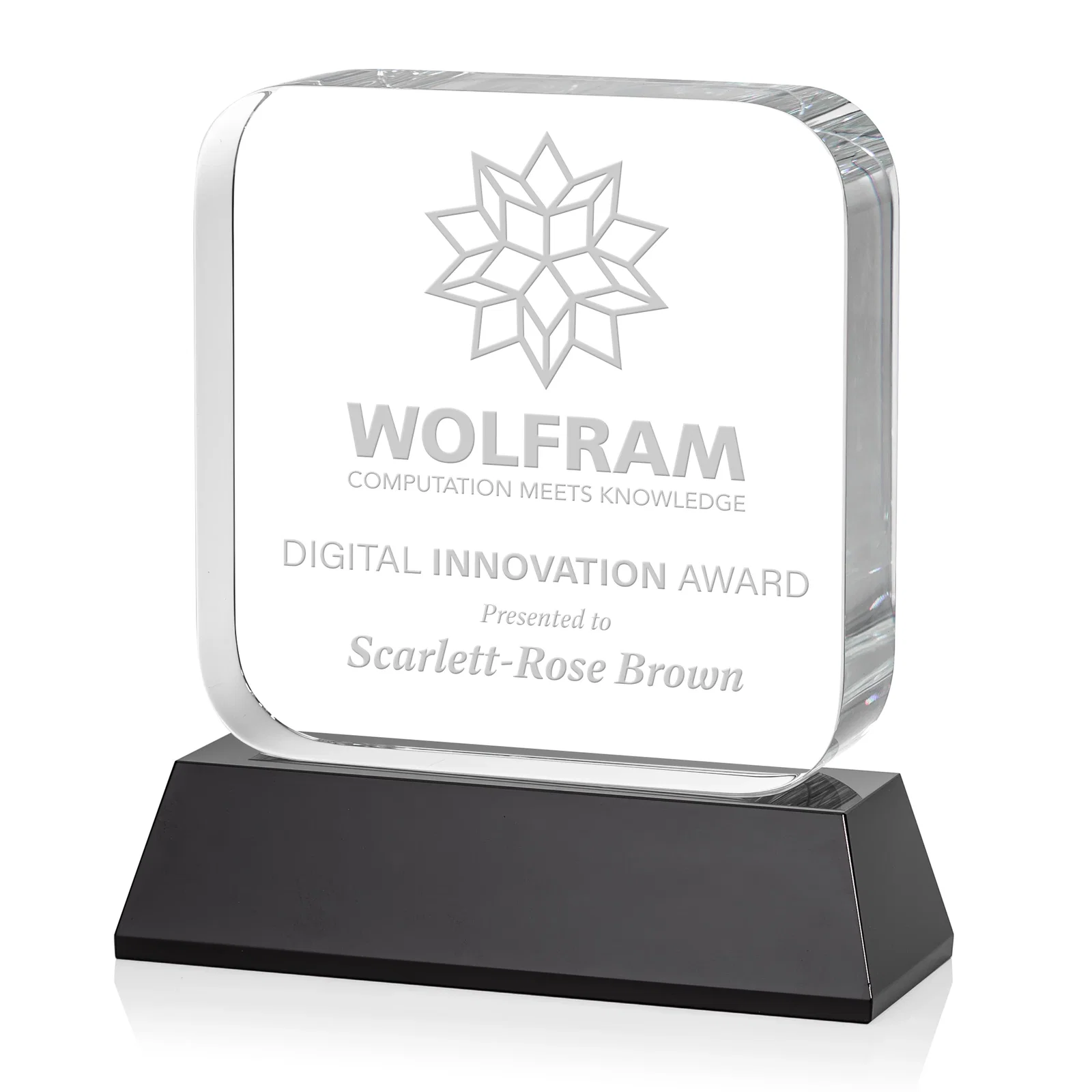 Personalized Rounded-Edge Optical Crystal Block Award on an Amber Crystal Base, awards for dealer and partner awards