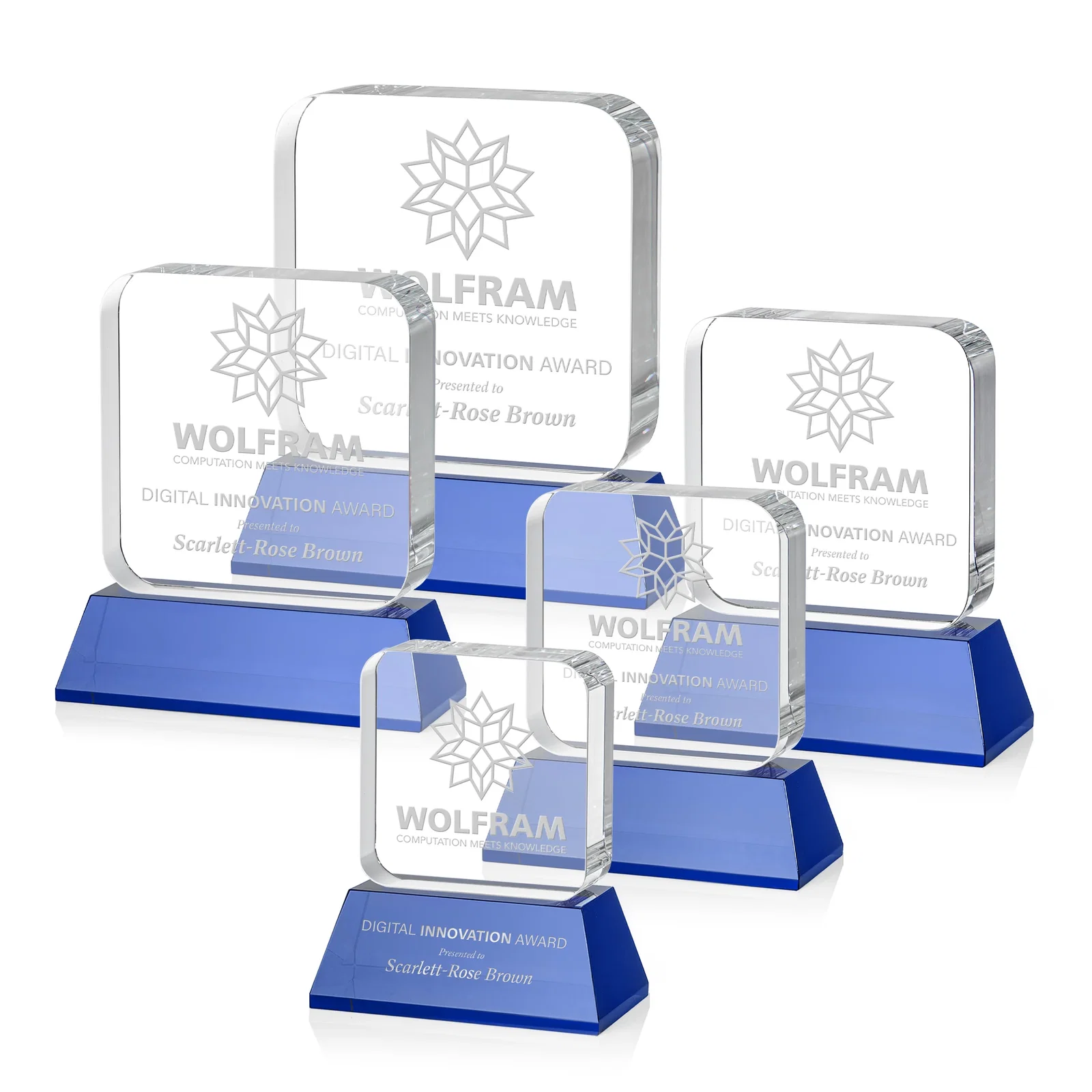 Personalized Rounded-Edge Optical Crystal Block Award on an Amber Crystal Base, awards for company anniversary events