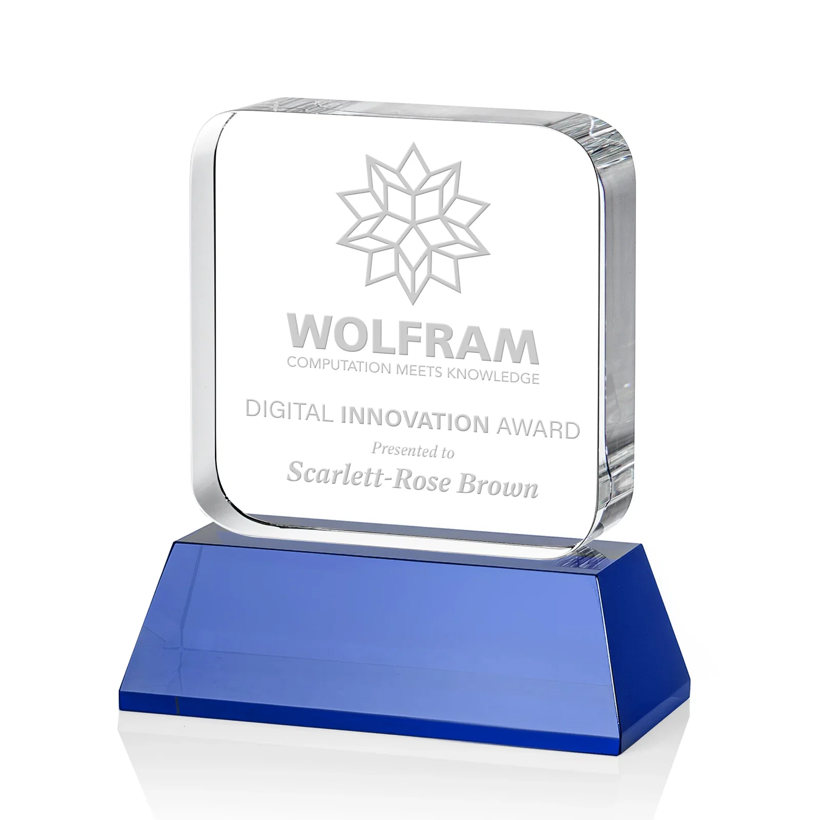 Promotional Rounded-Edge Optical Crystal Block Award on an Amber Crystal Base, awards for service anniversary gifts