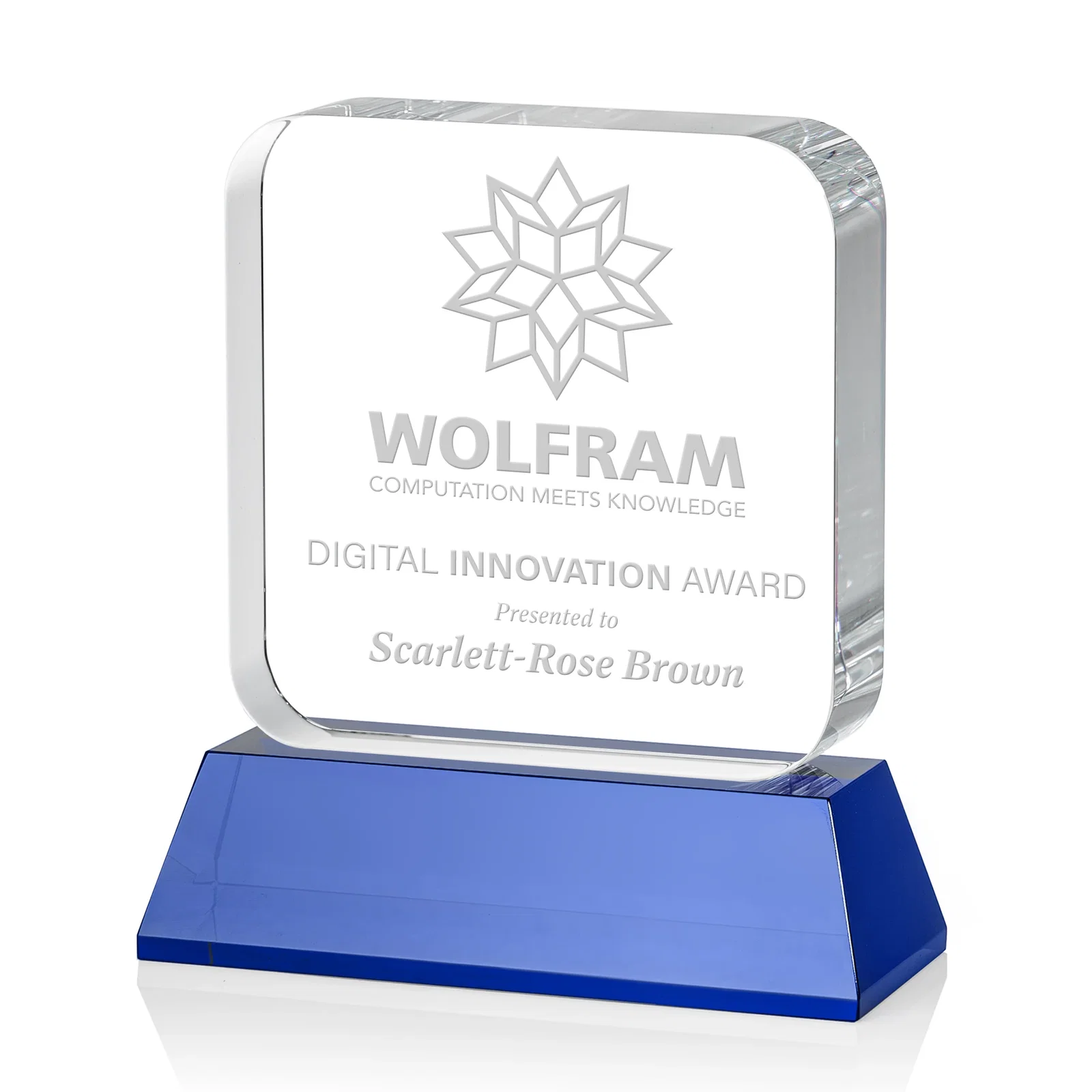 Promotional Rounded-Edge Optical Crystal Block Award on an Amber Crystal Base, awards for sales achievement awards