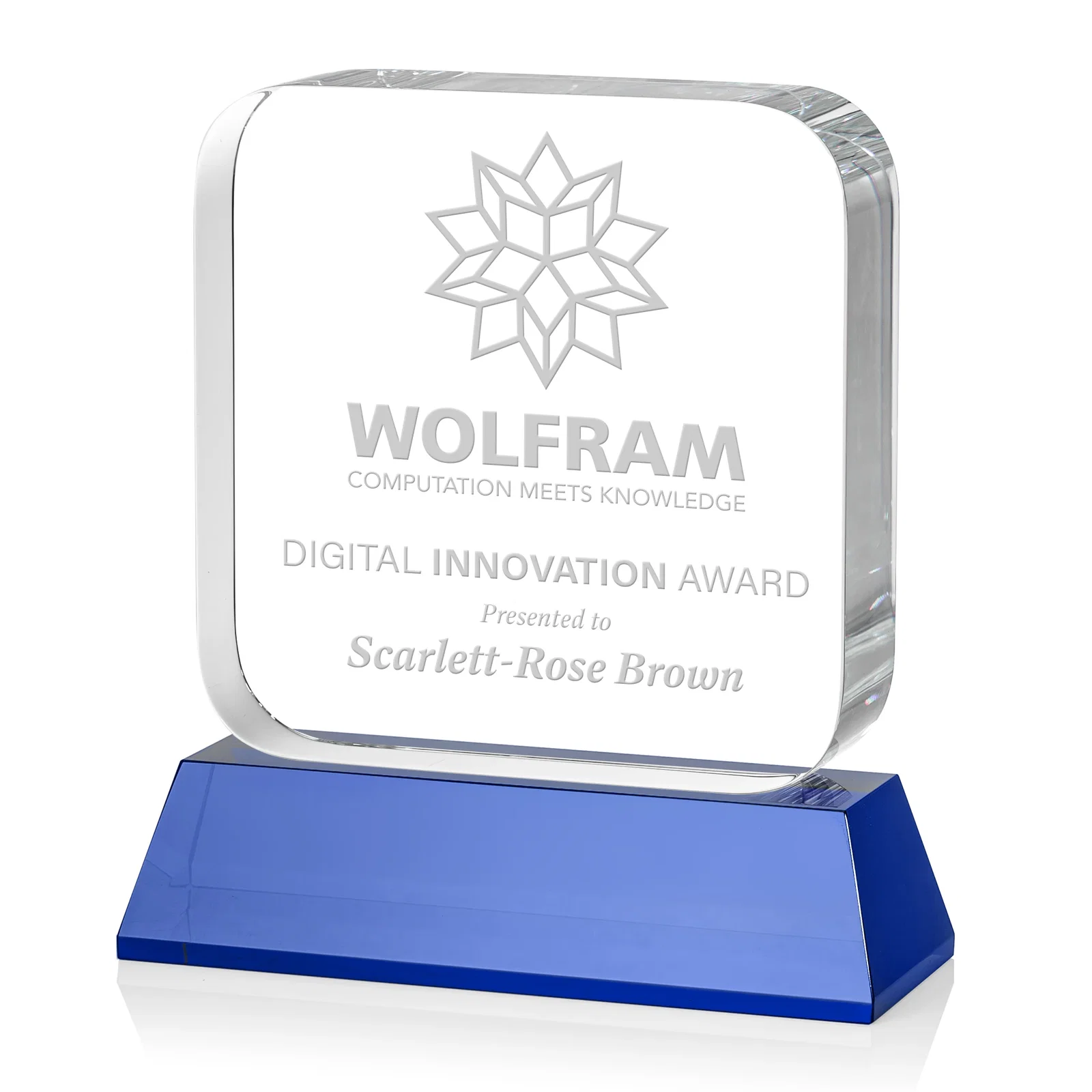 Promotional Rounded-Edge Optical Crystal Block Award on an Amber Crystal Base, awards for retirement presentations