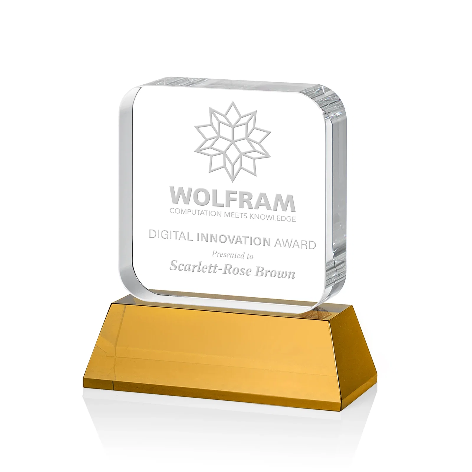 Custom Rounded-Edge Optical Crystal Block Award on an Amber Crystal Base, awards for service anniversary gifts