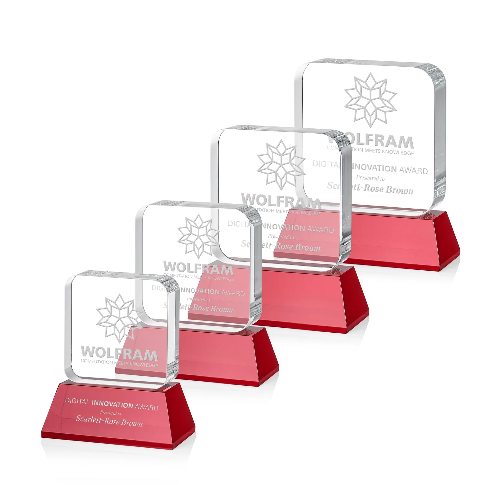 Promotional Rounded-Edge Optical Crystal Block Award on an Amber Crystal Base, awards for team milestone celebrations