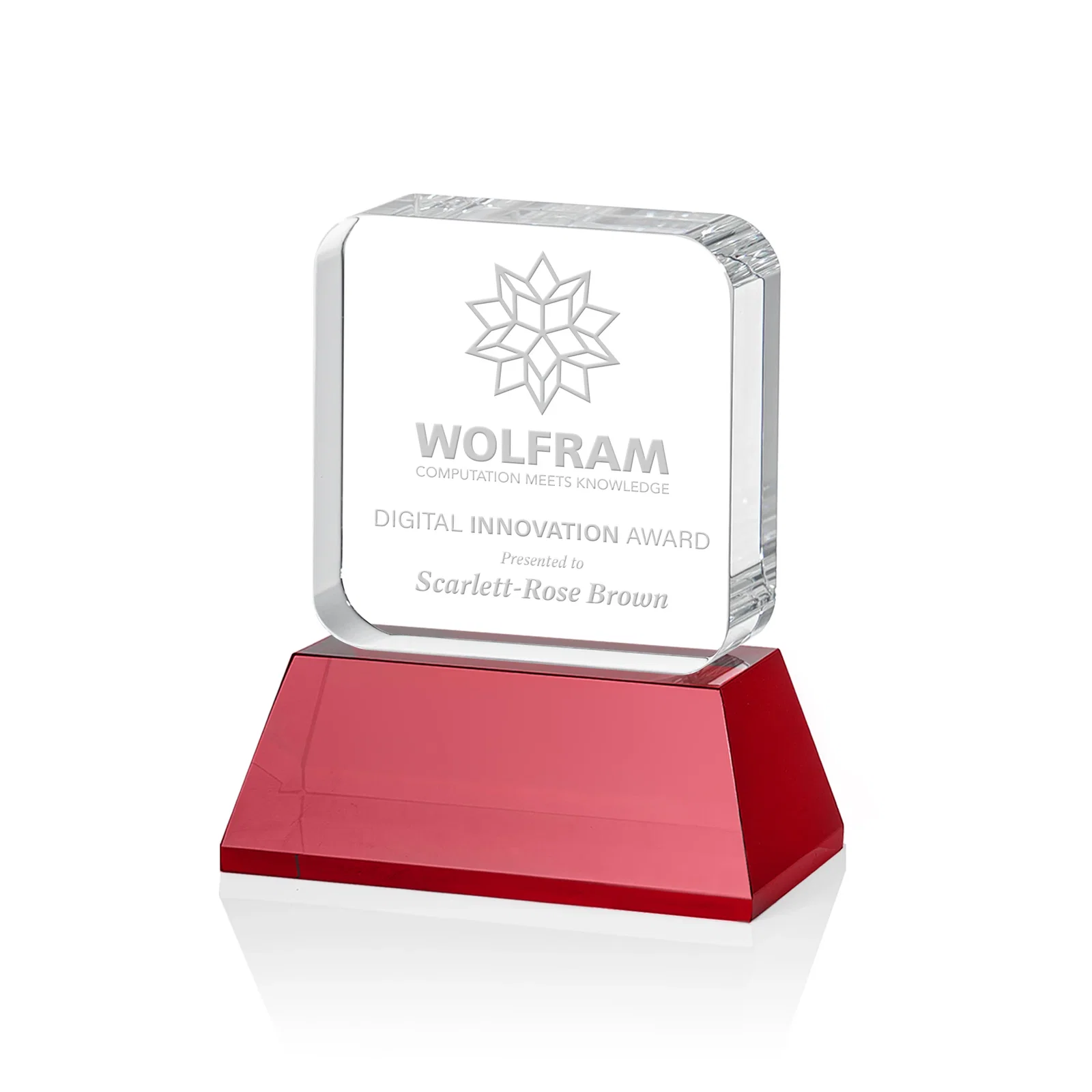 Promotional Rounded-Edge Optical Crystal Block Award on an Amber Crystal Base, awards for donor appreciation